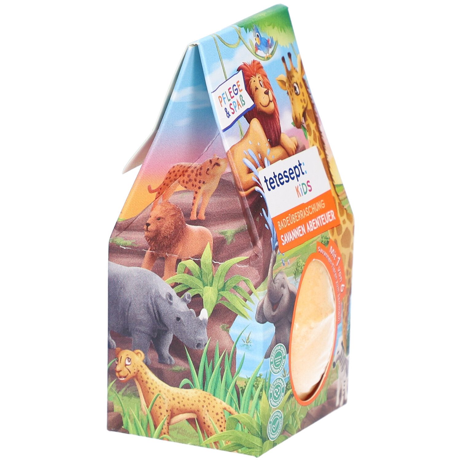Verpackung mit Badeüberraschung. Aufdruck: Löwe, Gepard, Nashorn. Text: tetesept Kids, Savannen Abenteuer.