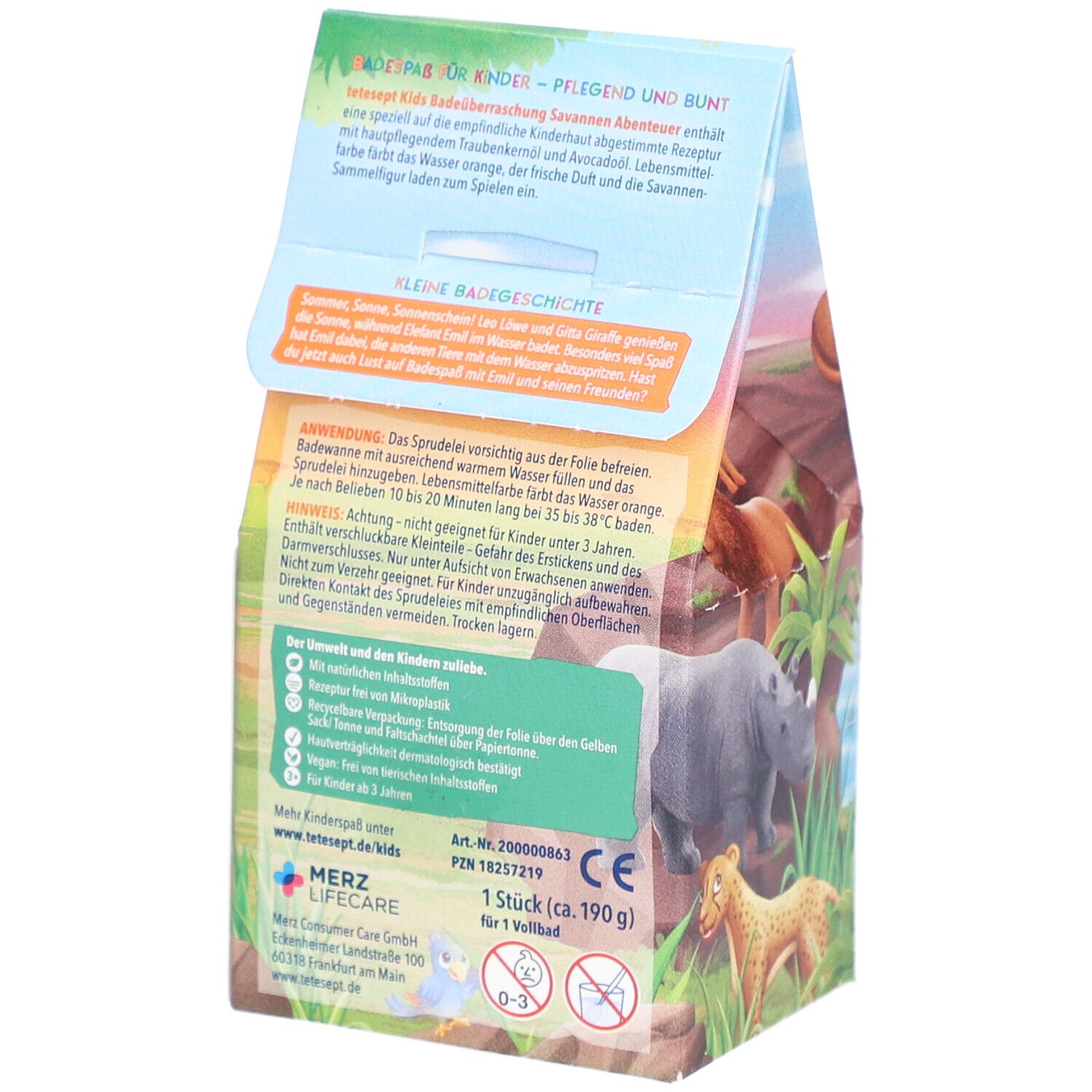 Rückseite der Verpackung. Text: tetesept Kids, Badeüberraschung, Savannen Abenteuer. Inhaltsstoffe, Warnhinweise, Hersteller.