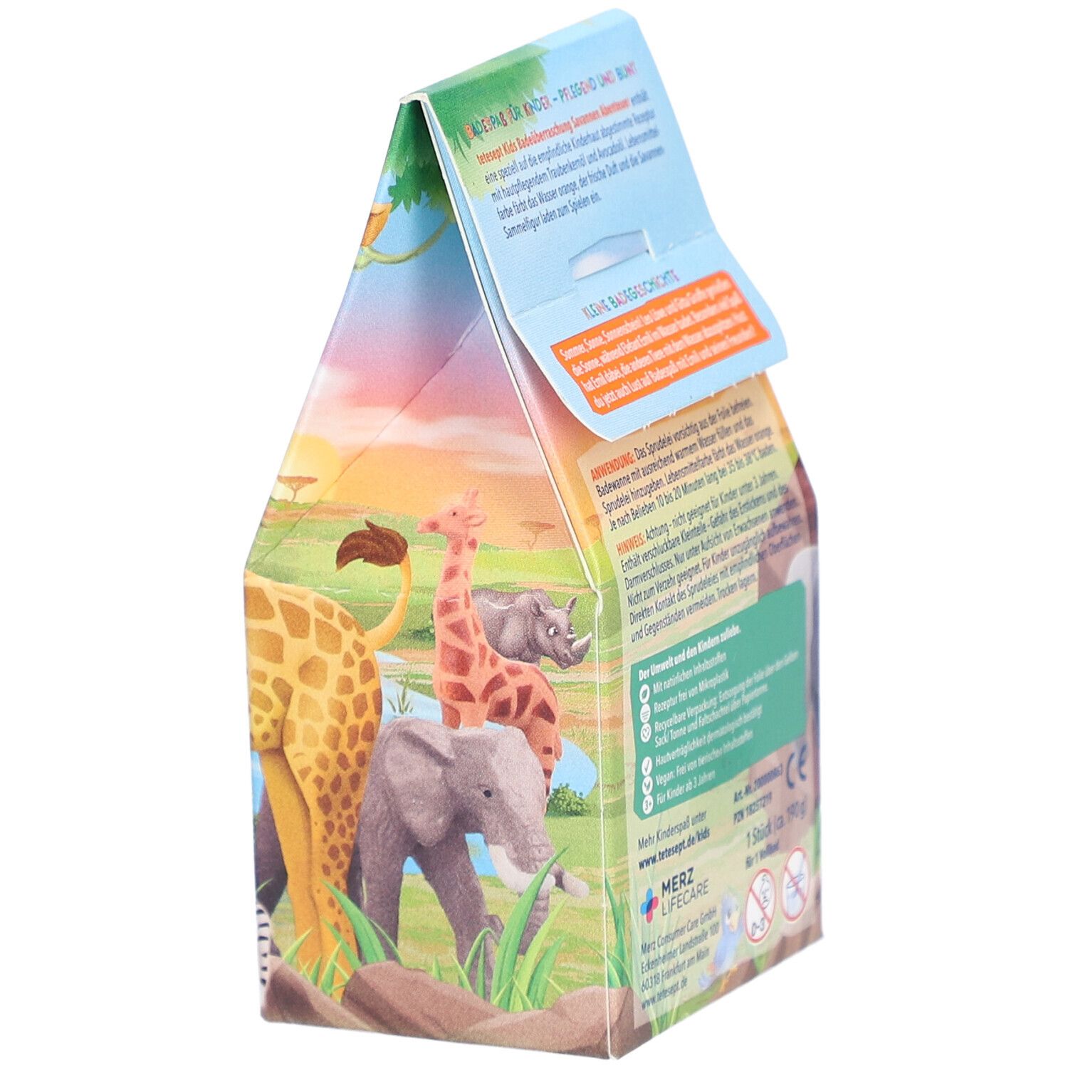 Verpackung, Rückseite. Text: tetesept Kids, Badeüberraschung, Savannen Abenteuer. Abbildungen: Giraffe, Nashorn, Elefant.