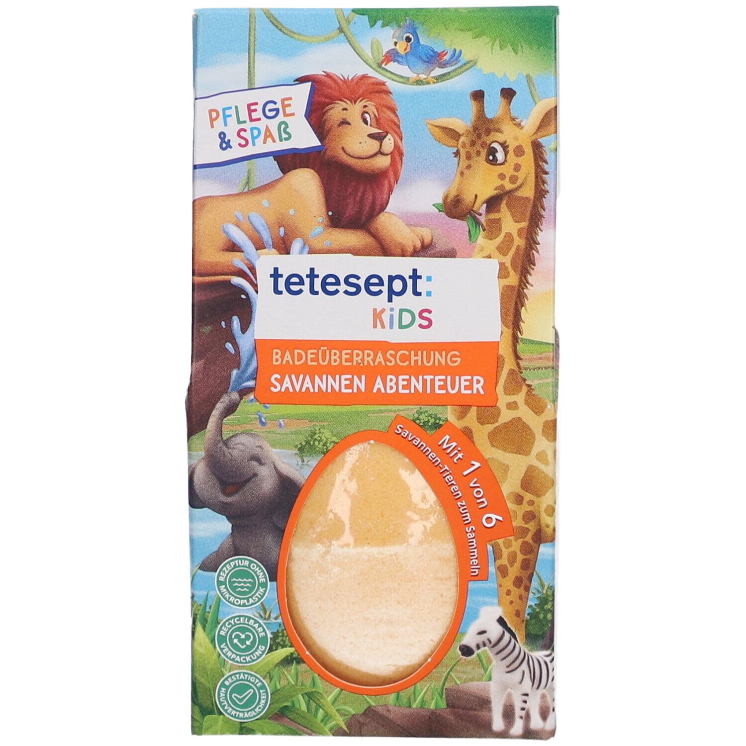Verpackung mit Badeüberraschung. Aufdruck: Löwe, Giraffe, Zebra, Elefant. Text: tetesept Kids, Savannen Abenteuer.