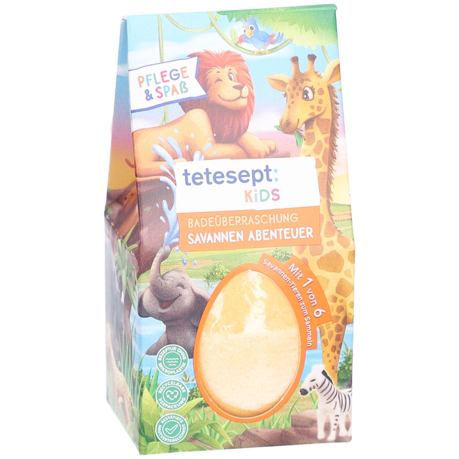 Verpackung mit Badeüberraschung. Aufdruck: Löwe, Giraffe, Zebra, Elefant. Text: tetesept Kids, Savannen Abenteuer.