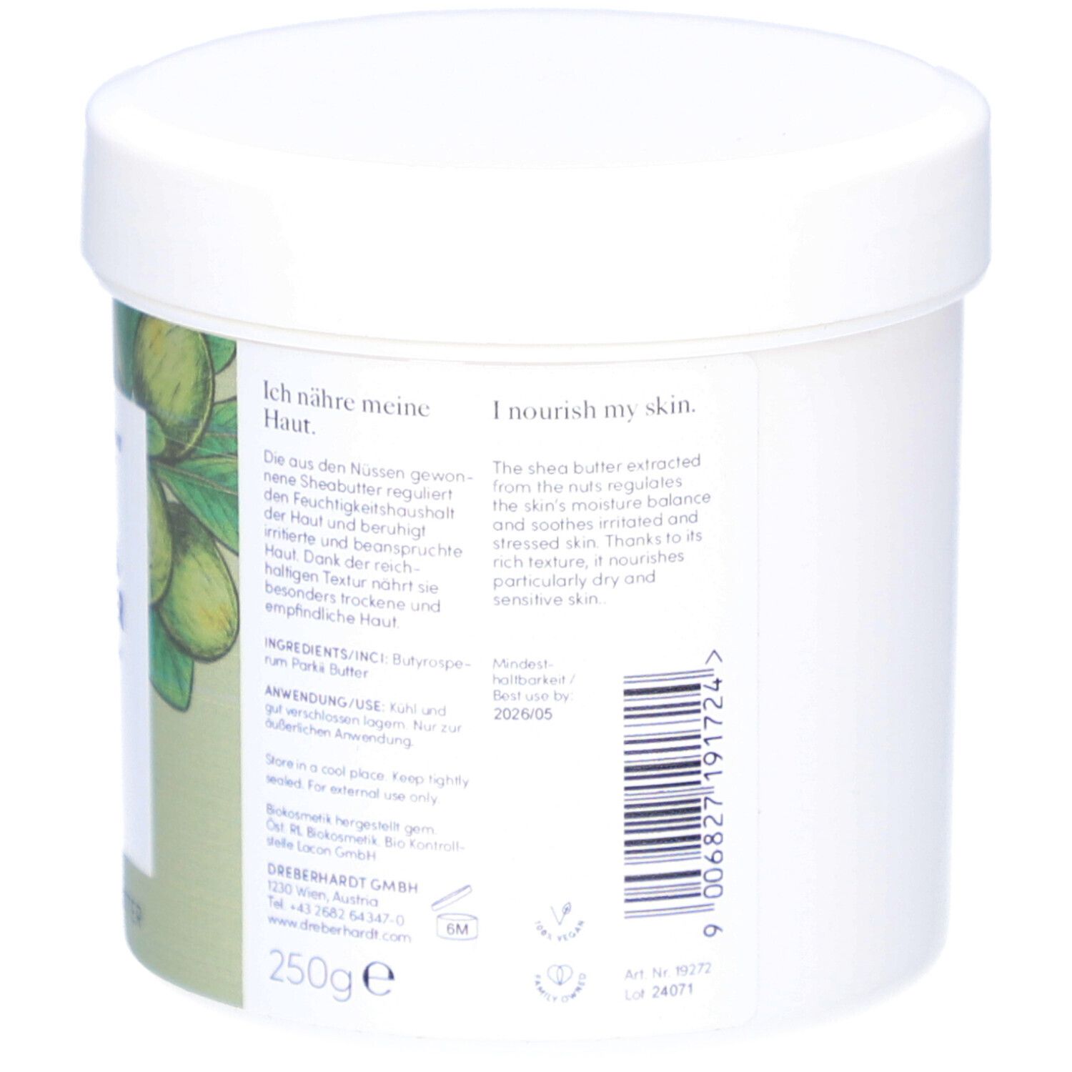 Weißer Tiegel mit Deckel. Rückseite mit Text und Barcode. Aufschrift: 250g. Bio-Zertifizierung. Haltbarkeitshinweis.