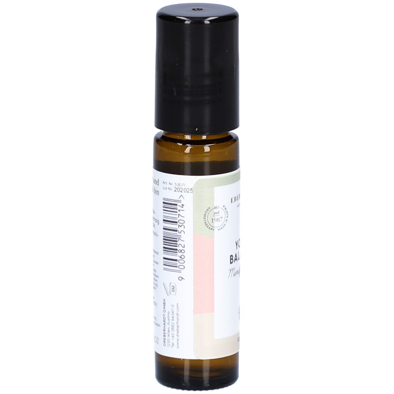 Braune Glasflasche mit schwarzem Deckel. Etikett mit Barcode und Text. Produktname: YOGA BALANCE.
