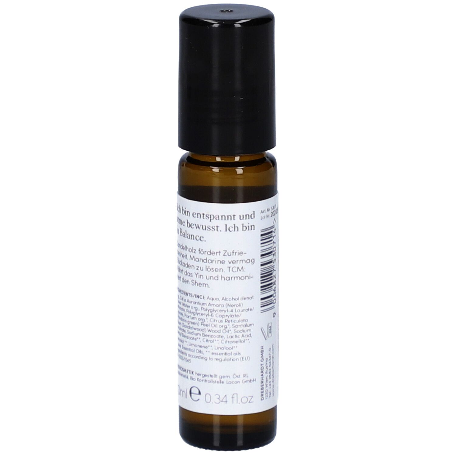 Braune Glasflasche mit schwarzem Deckel. Etikett mit Text. Produktname: YOGA BALANCE. Volumen: 10ml.