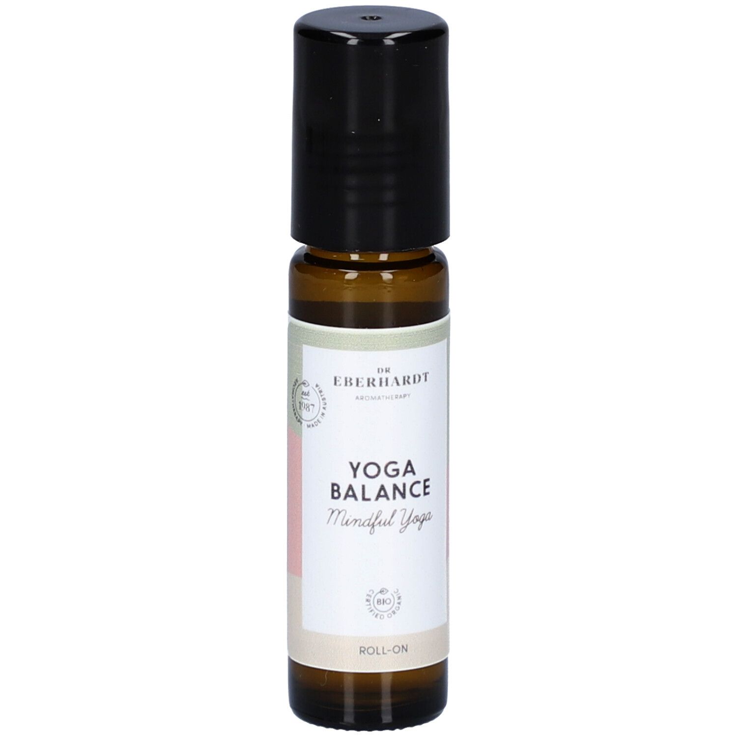 Braune Glasflasche mit schwarzem Deckel. Aufschrift: YOGA BALANCE, ROLL-ON. Etikett mit Logo und Text.