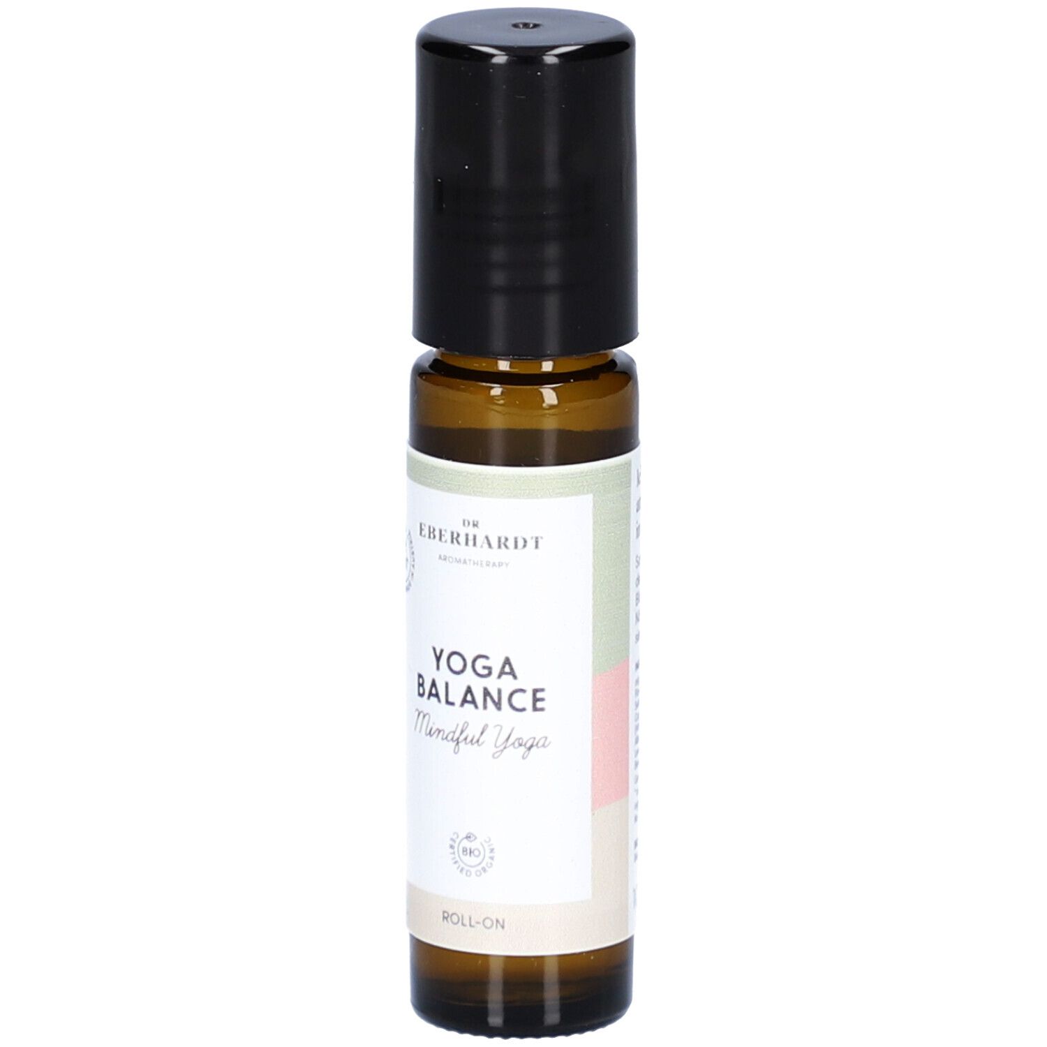 Braune Glasflasche mit schwarzem Deckel. Aufschrift: YOGA BALANCE, ROLL-ON. Etikett mit Logo und Text.