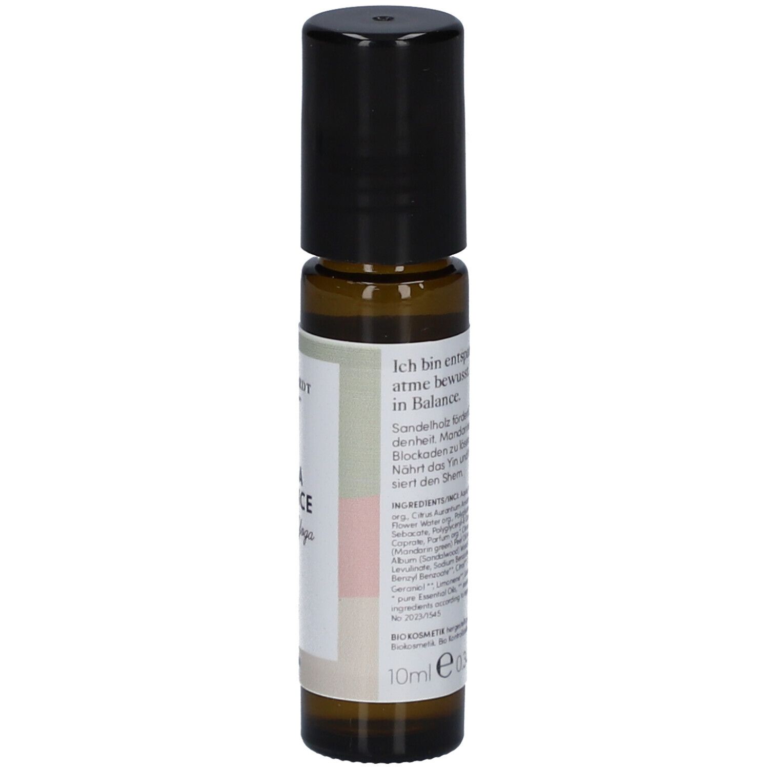 Braune Glasflasche mit schwarzem Deckel. Etikett mit Text. Produktname: YOGA BALANCE. Volumen: 10ml.