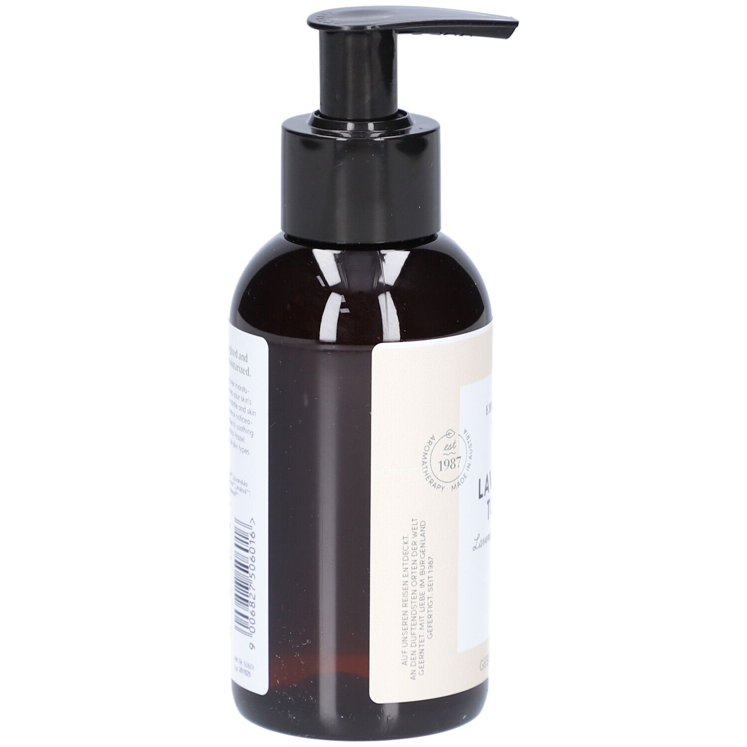 Braune Flasche mit schwarzem Pumpkopf. Etikett mit Produktinformationen. Gesichtspflege.