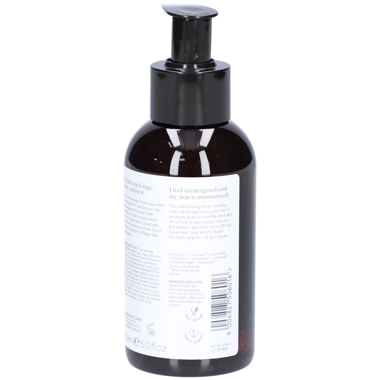 Braune Flasche mit schwarzem Pumpkopf. Etikett mit Produktinformationen. Gesichtspflege.