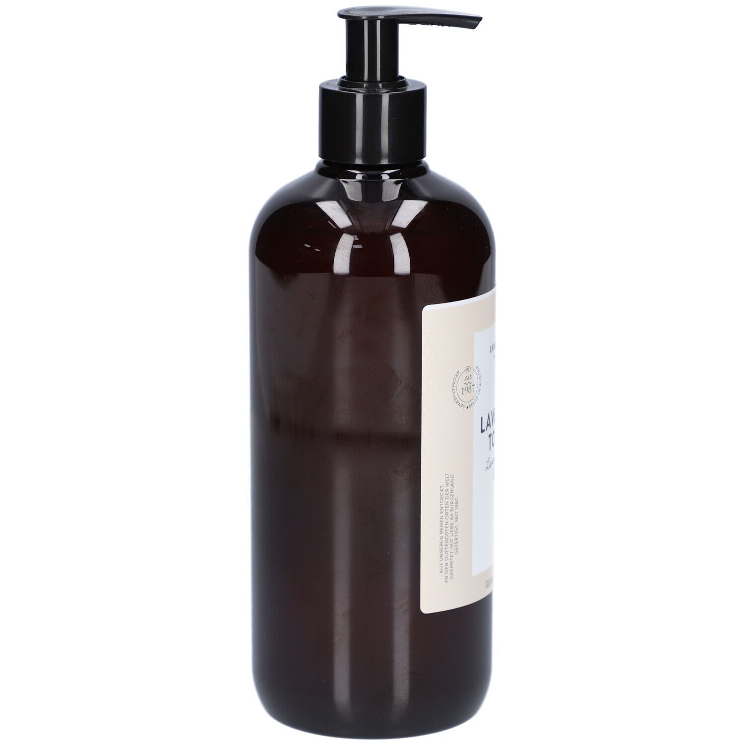 Braune Flasche mit schwarzem Pumpkopf. Etikett mit Text. Seitenansicht.