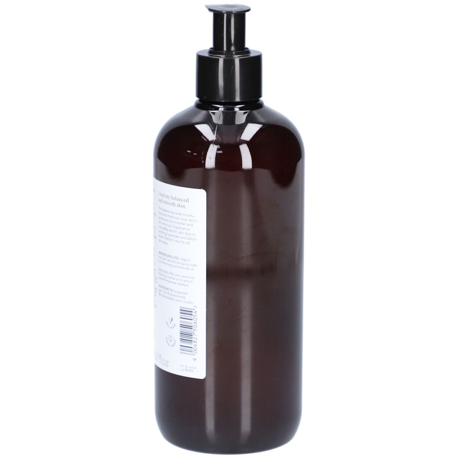 Braune Flasche mit schwarzem Pumpkopf. Rückseite mit Text und Barcode.