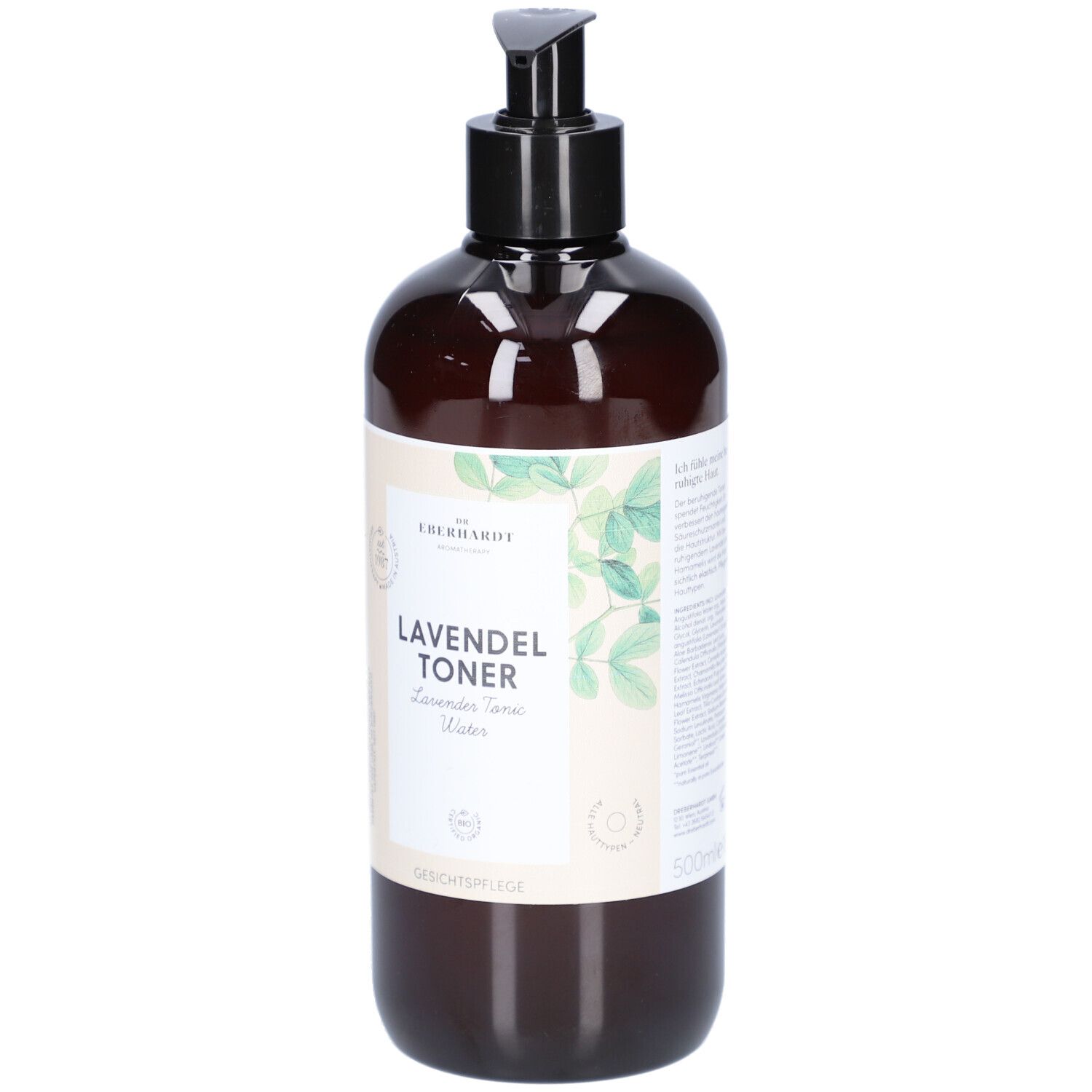 Braune Flasche mit schwarzem Pumpkopf. Aufschrift: LAVENDEL TONER. Mit grünen Blättern dekoriert. 500ml.