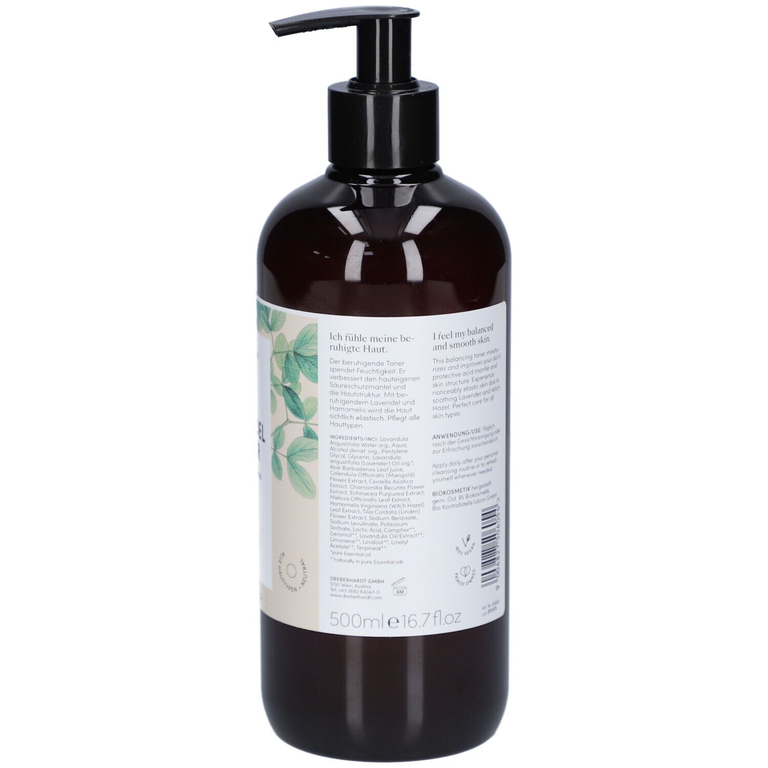 Braune Flasche mit schwarzem Pumpkopf. Rückseite mit Text. 500ml/16.7 fl oz.