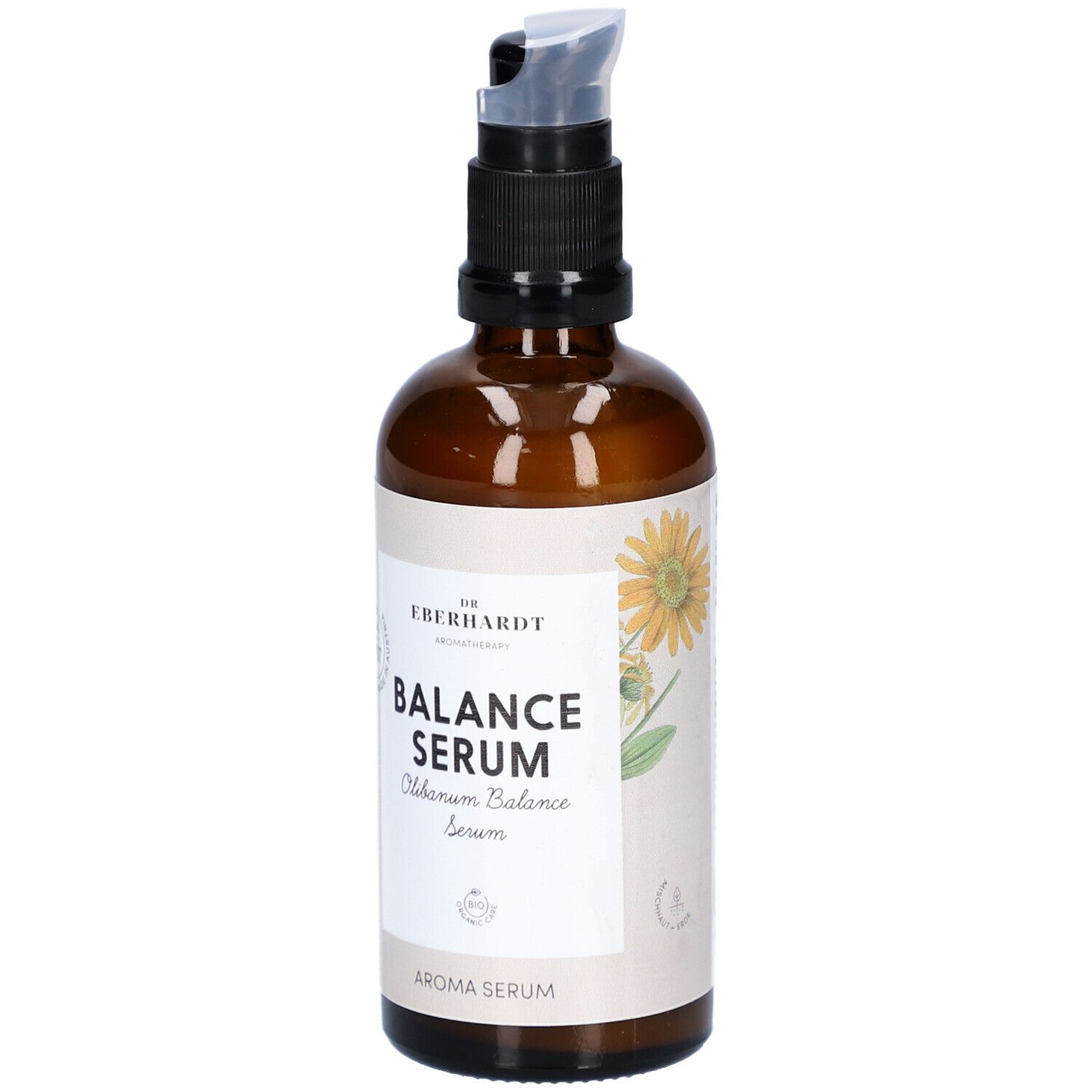 Braune Glasflasche mit schwarzem Pumpkopf. Aufschrift: Balance Serum. Mit floraler Illustration.