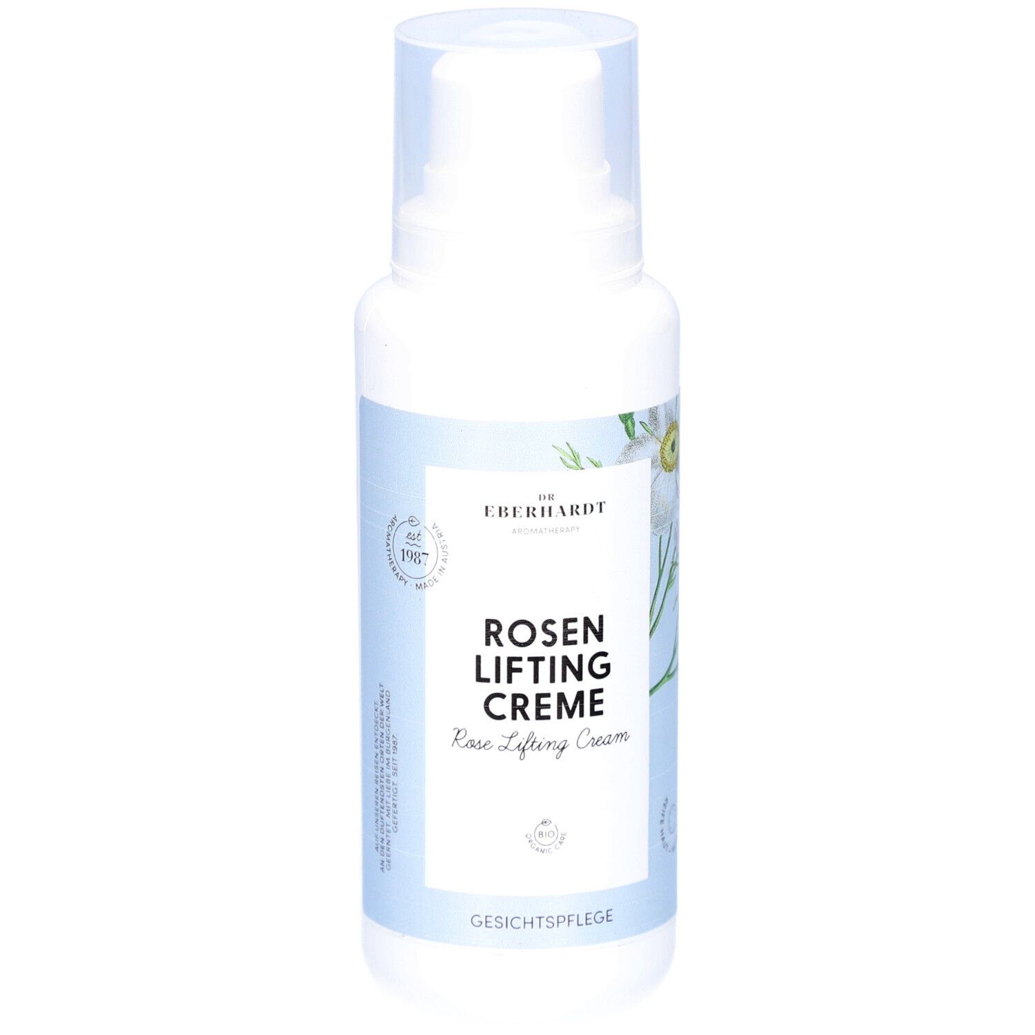 Weiße Flasche mit Sprühkopf. Aufschrift: ROSEN LIFTING CREME. Gesichtspflege. Logo: DR.EBERH.