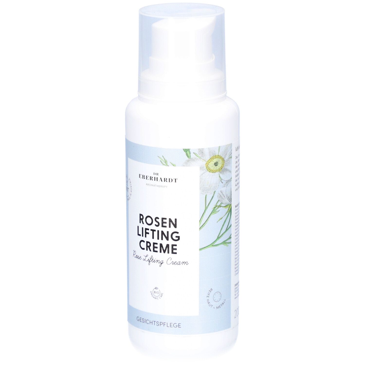 Weiße Flasche mit Sprühkopf. Aufschrift: ROSEN LIFTING CREME. Gesichtspflege. Logo: DR.EBERH.