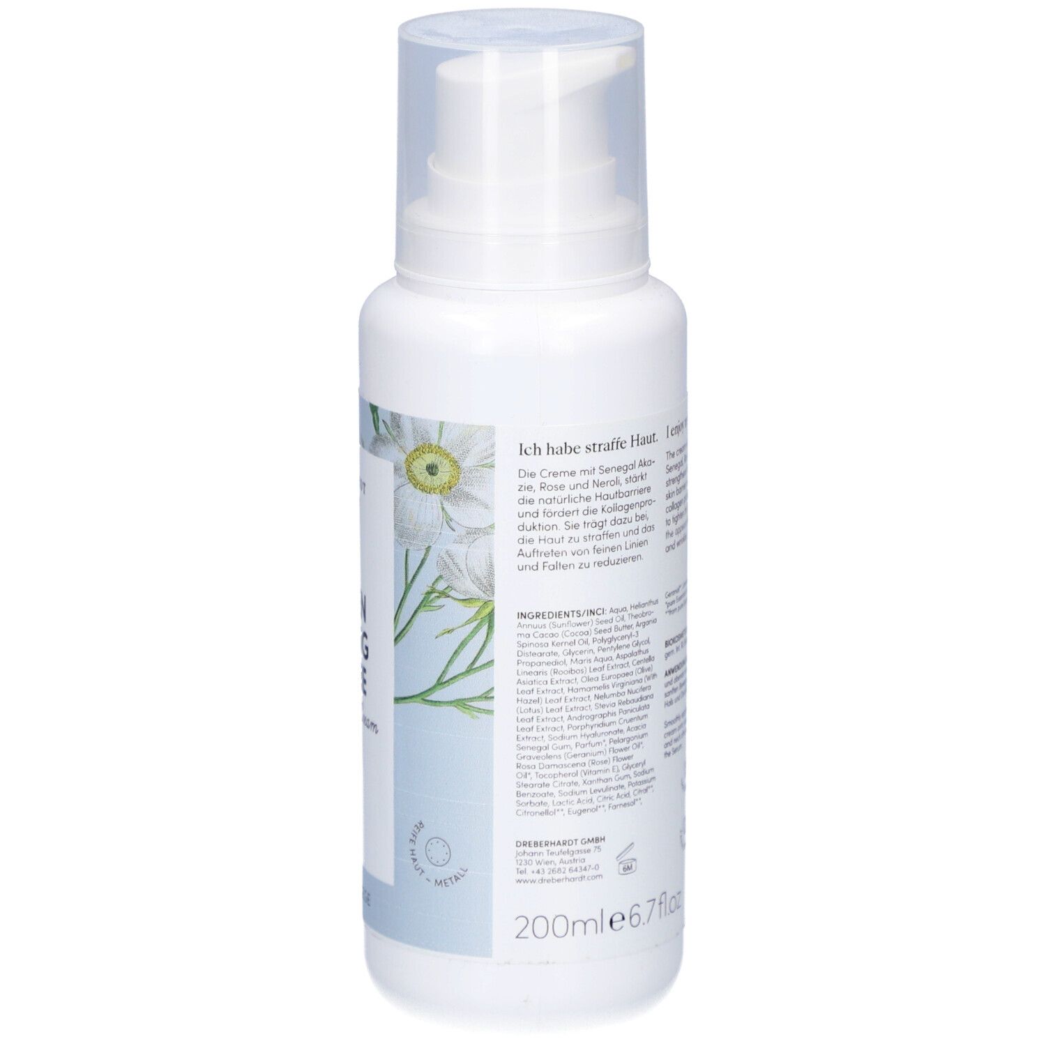 Weiße Flasche mit Sprühkopf. Aufschrift: ROSEN LIFTING CREME. Text und Inhaltsstoffe. Logo: DR.EBERH.