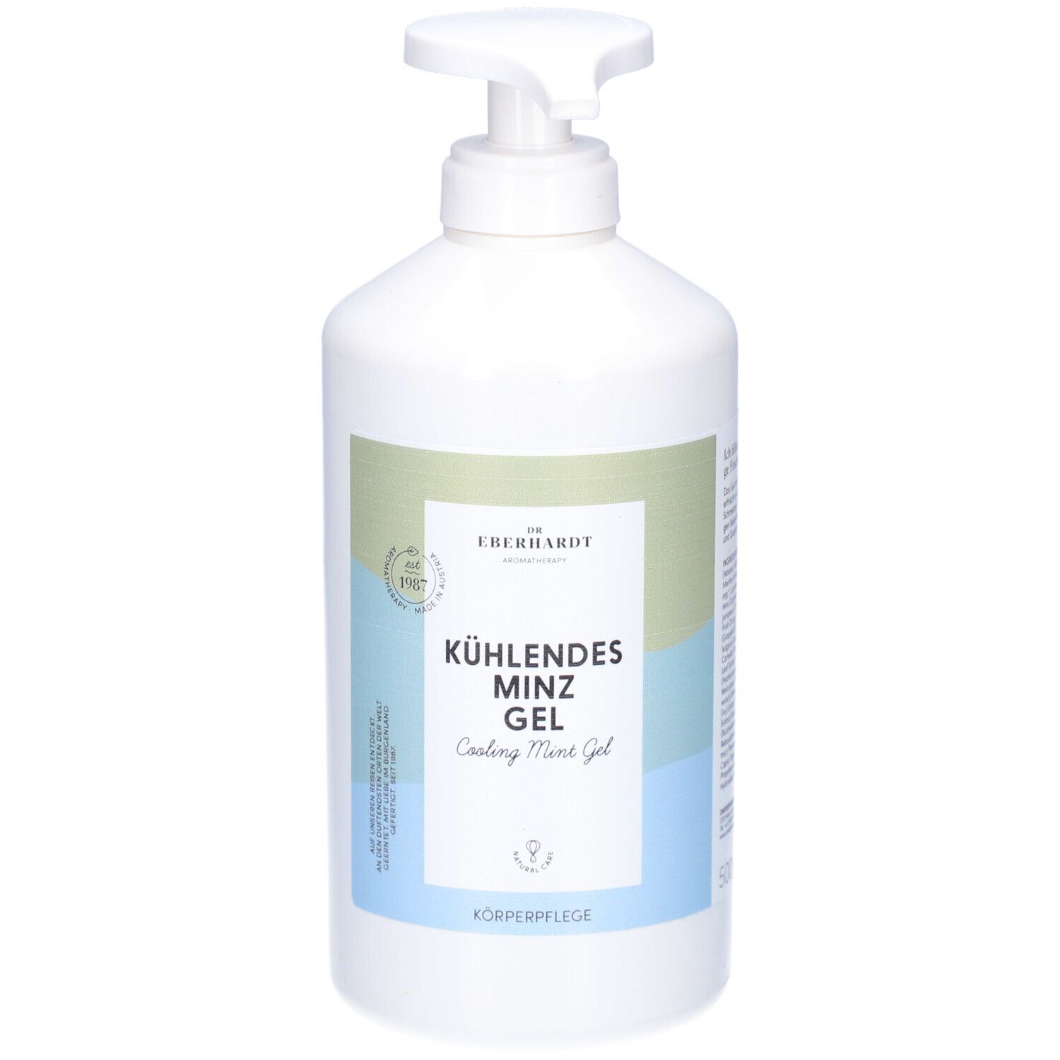 Weiße Flasche mit Pumpverschluss. Aufschrift: KÜHLENDES MINZ GEL. Grün-blaue Etikettierung.
