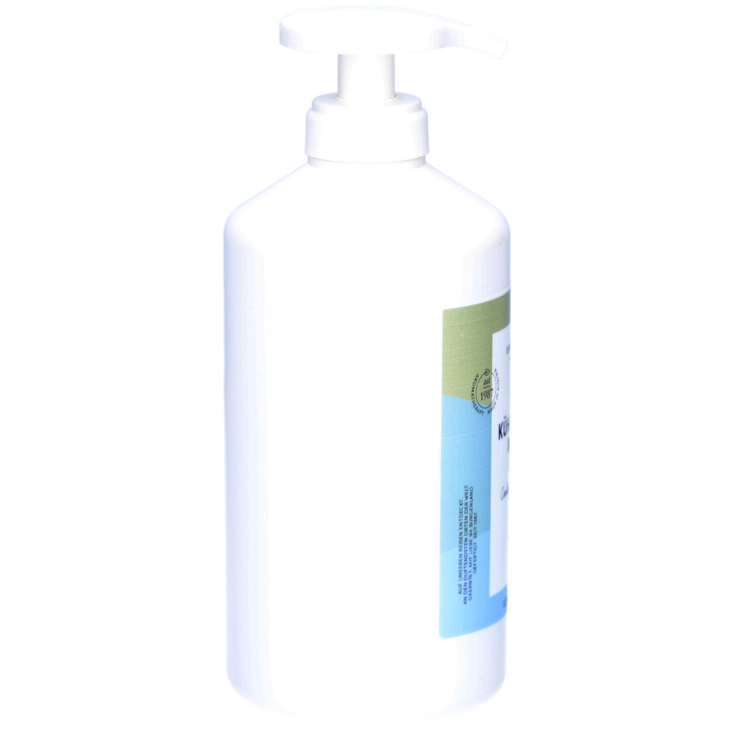 Weiße Flasche mit Pumpverschluss. Seitenansicht. Keine weiteren Details sichtbar.