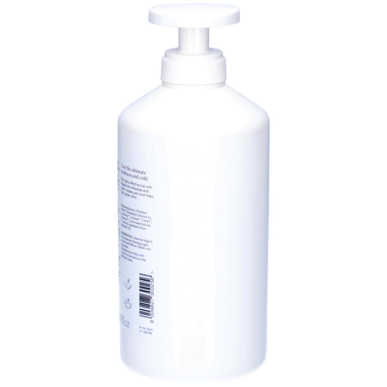 Weiße Flasche mit Pumpverschluss. Rückseite mit Text und Barcode.
