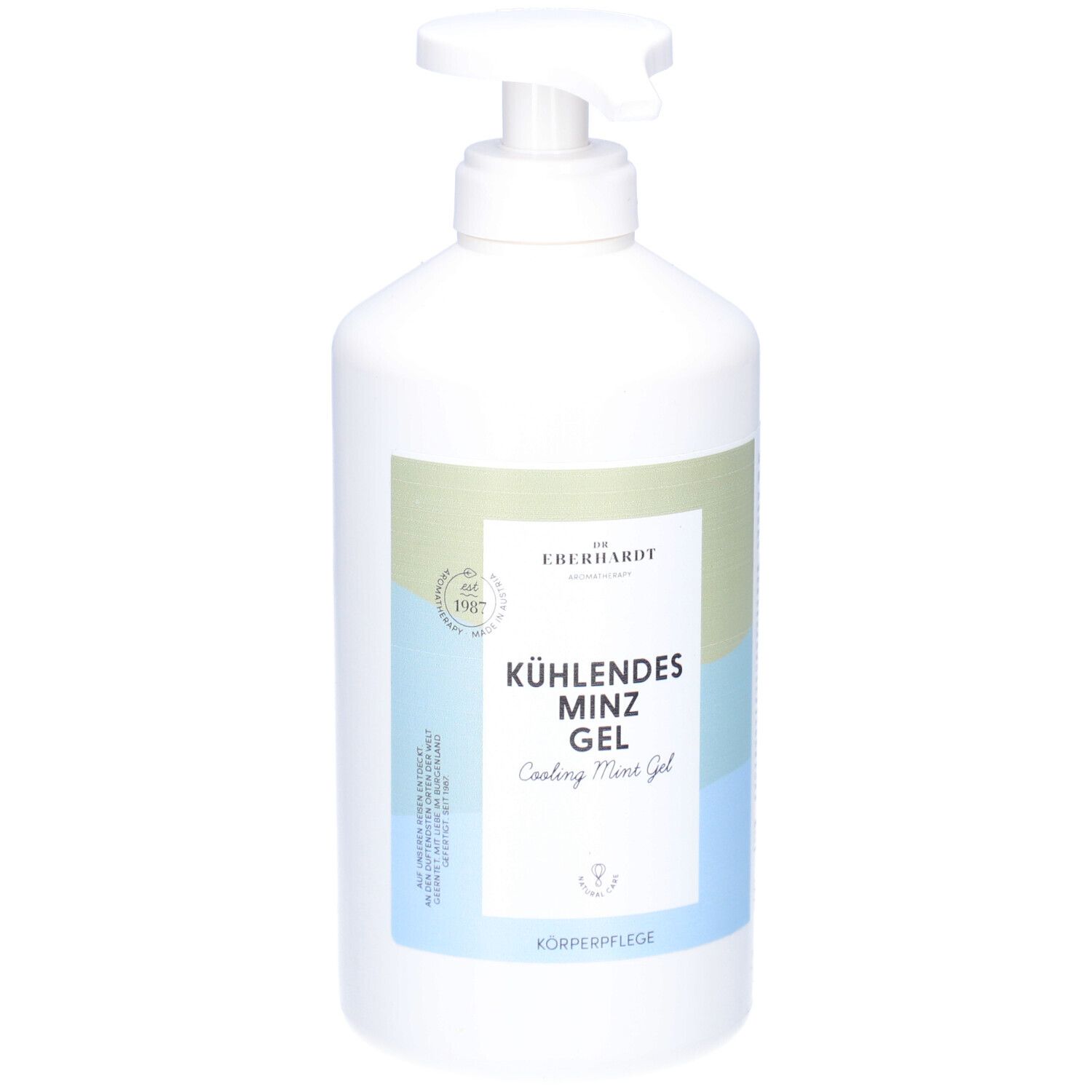 Weiße Flasche mit Pumpverschluss. Aufschrift: KÜHLENDES MINZ GEL. Grün-blaue Etikettierung.
