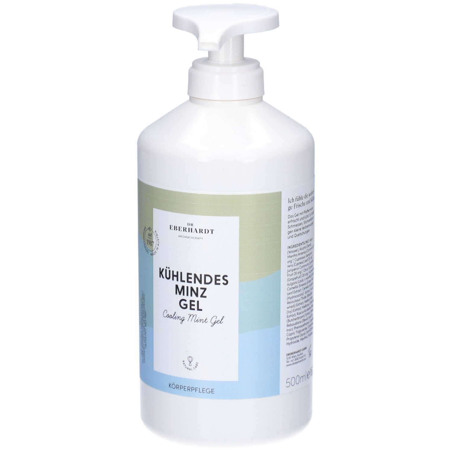 Weiße Flasche mit Pumpverschluss. Aufschrift: KÜHLENDES MINZ GEL. Volumen: 500ml.