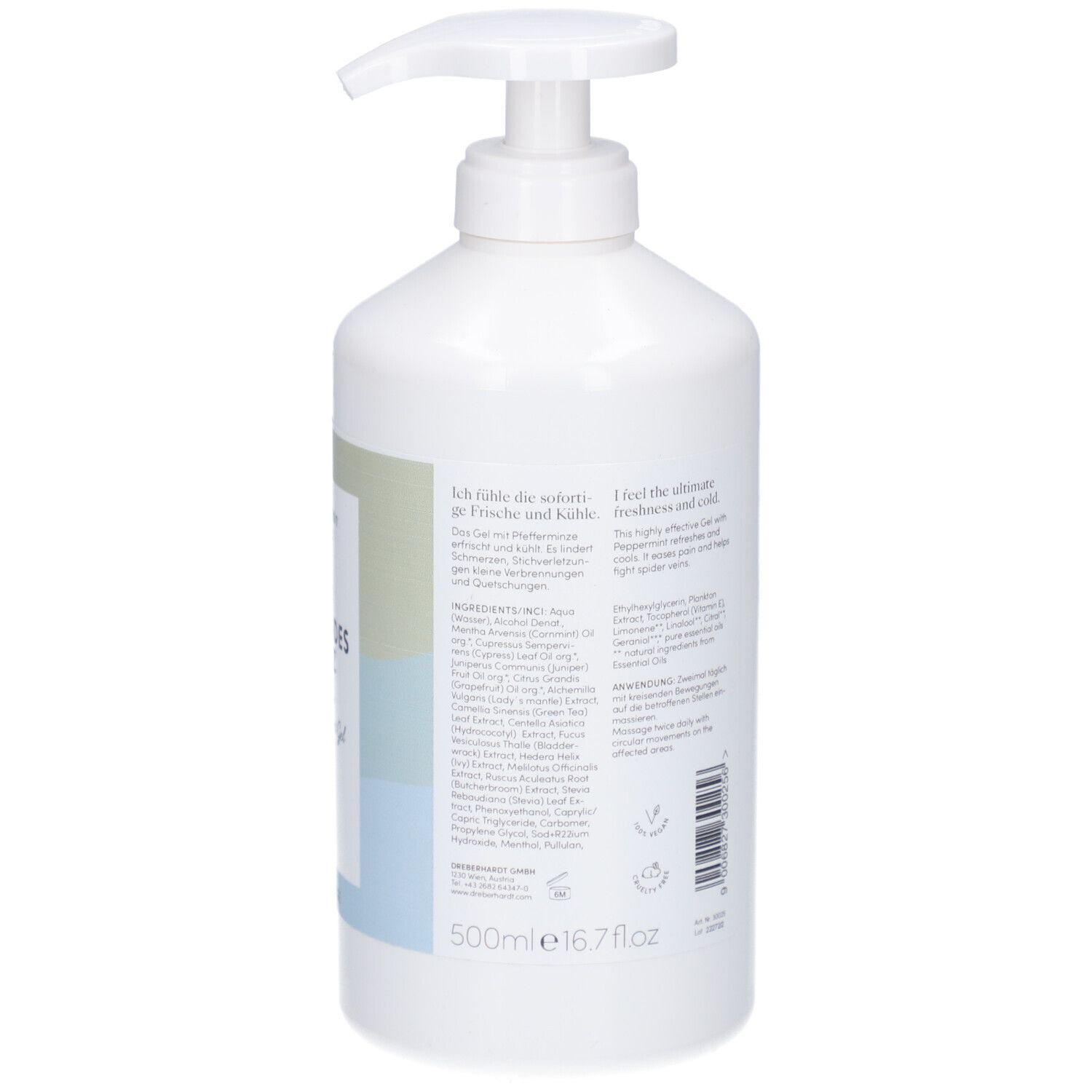 Weiße Flasche mit Pumpverschluss. Rückseite mit Text, Volumen: 500ml.