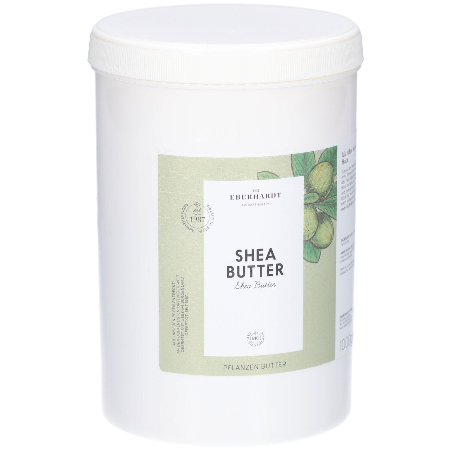 Weißer Eimer mit Deckel. Aufkleber mit Produktname, Shea Butter, und Logo. Abbildung von Sheanüssen.