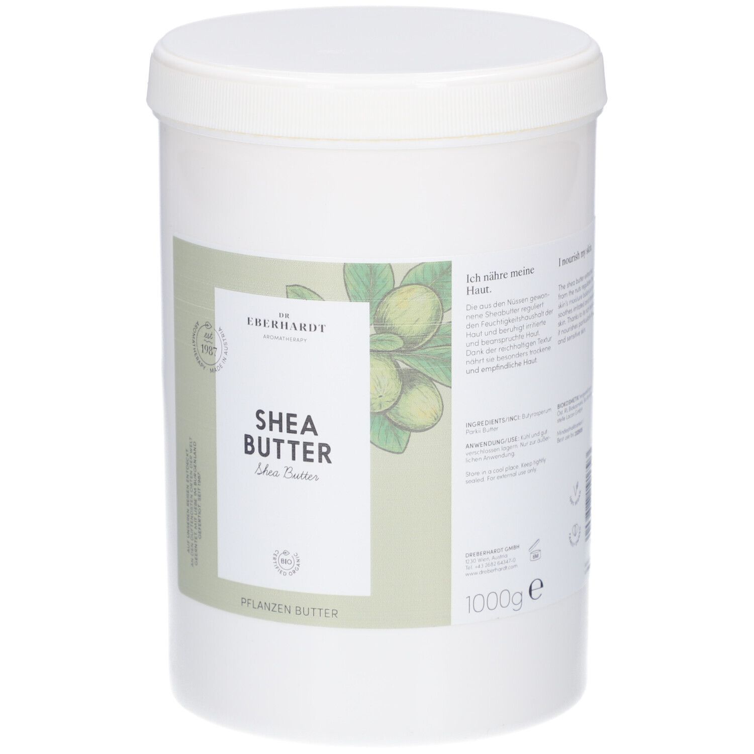 Weißer Eimer mit Deckel. Aufkleber mit Produktname, Shea Butter, Logo und Text. Abbildung von Sheanüssen.