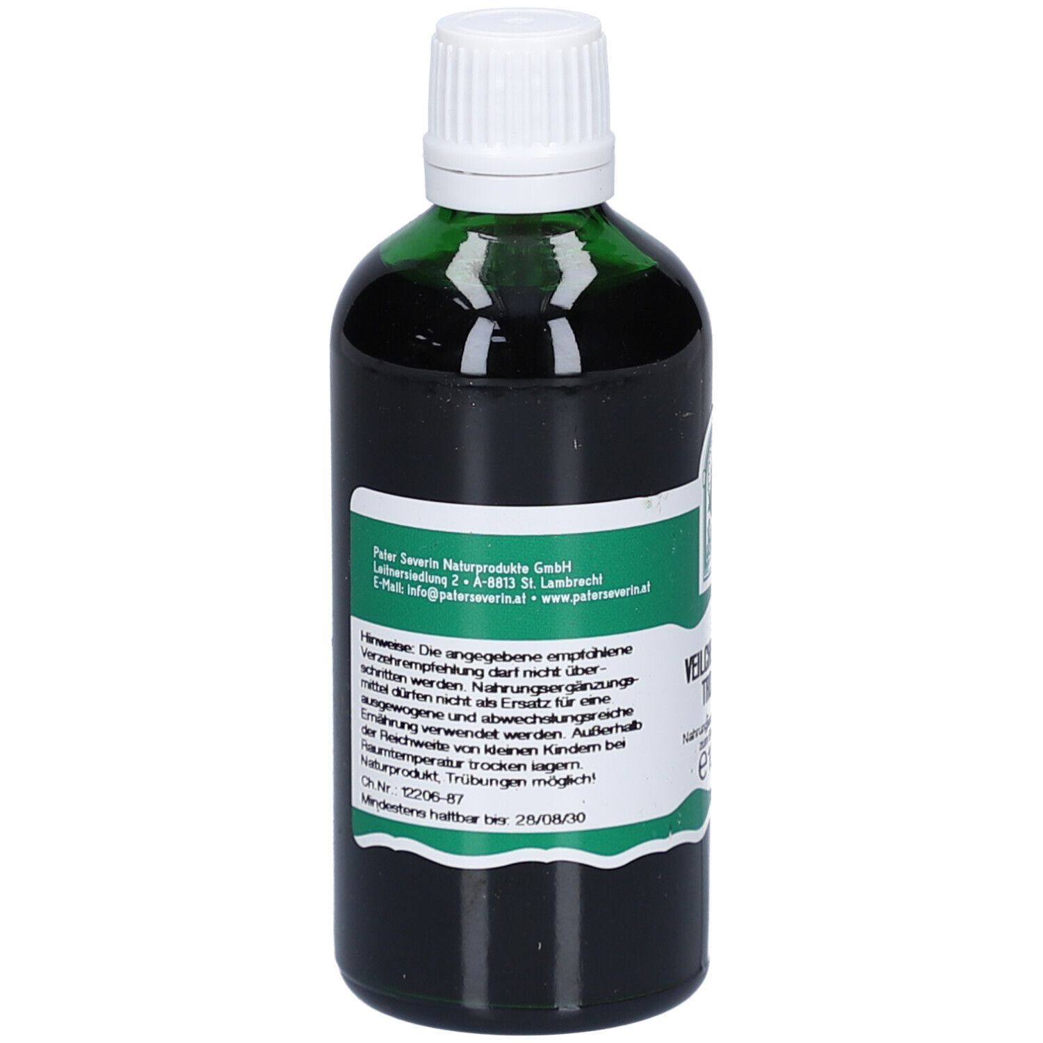 Grüne Glasflasche mit weißem Deckel. Etikett mit Text und Logo. Flasche steht aufrecht.