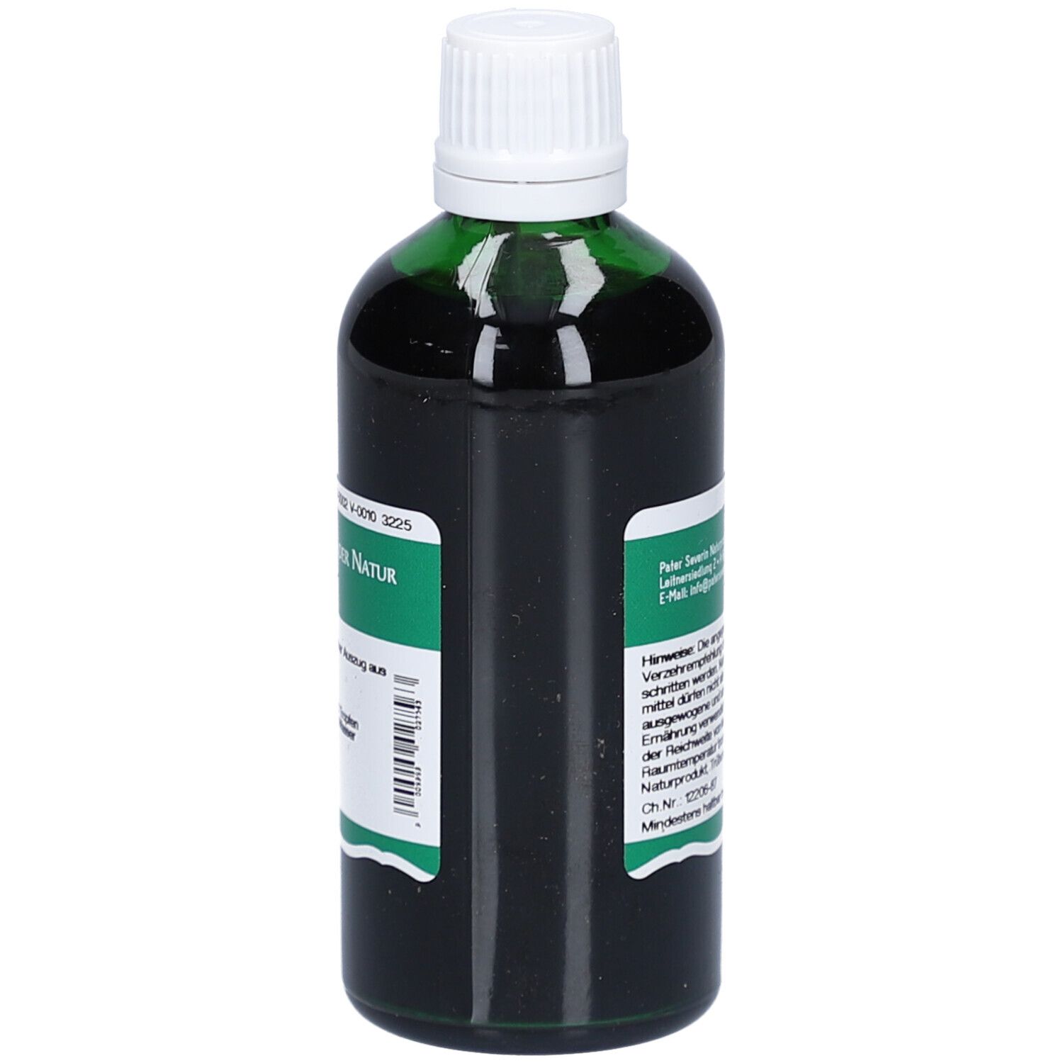 Grüne Glasflasche mit weißem Deckel. Etikett mit Text und Logo. Flasche steht aufrecht.