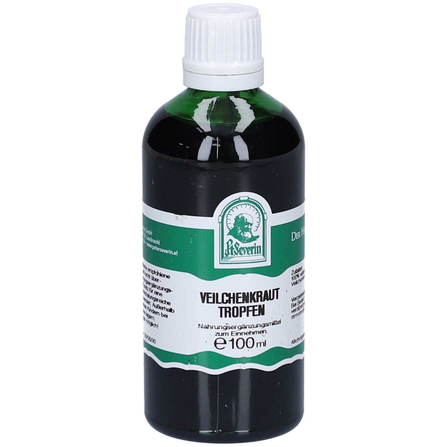 Grüne Glasflasche mit weißem Deckel. Etikett mit Produktnamen VEILCHENKRAUT TROPFEN und Logo. Flasche steht aufrecht.