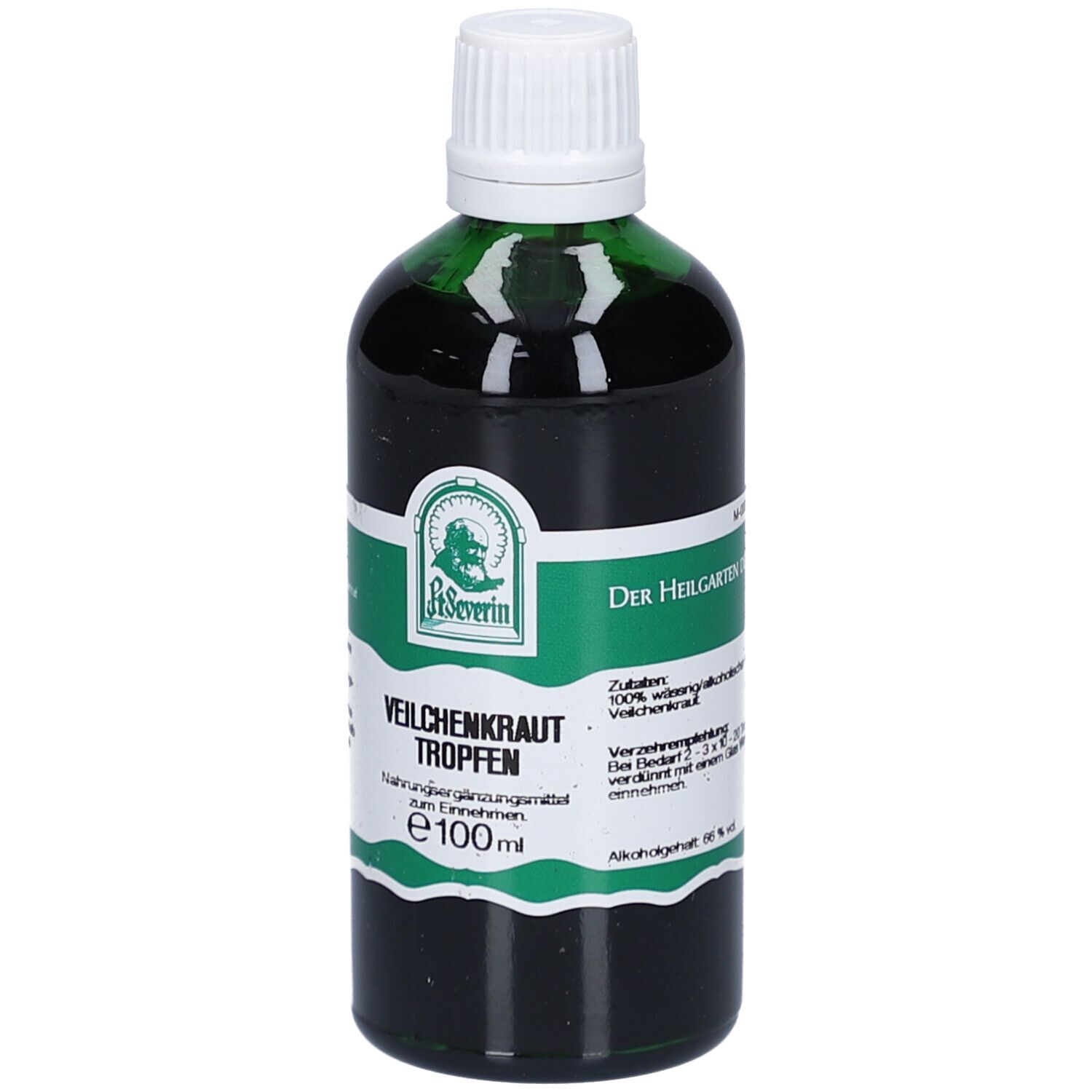 Grüne Glasflasche mit weißem Deckel. Etikett mit Produktnamen VEILCHENKRAUT TROPFEN und Logo. Flasche steht aufrecht.