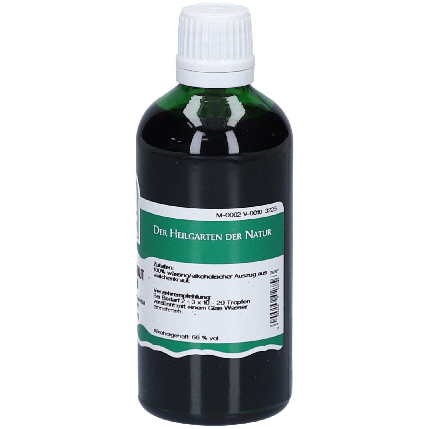 Grüne Glasflasche mit weißem Deckel. Etikett mit Text und Logo. Flasche steht aufrecht.