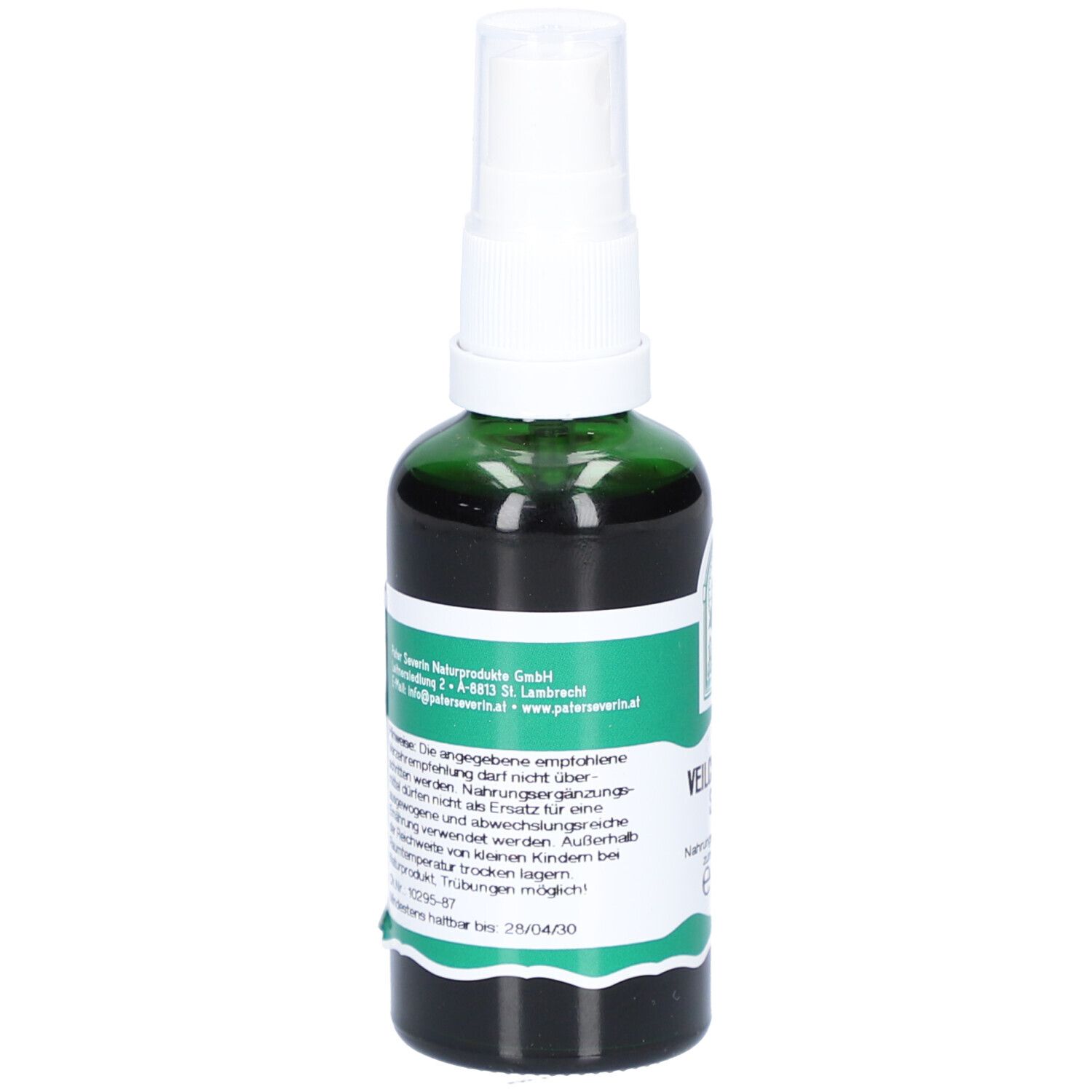 Grüne Glasflasche mit weißem Sprühkopf. Etikett mit Text und Informationen. Herstelleradresse. Mindesthaltbarkeitsdatum.