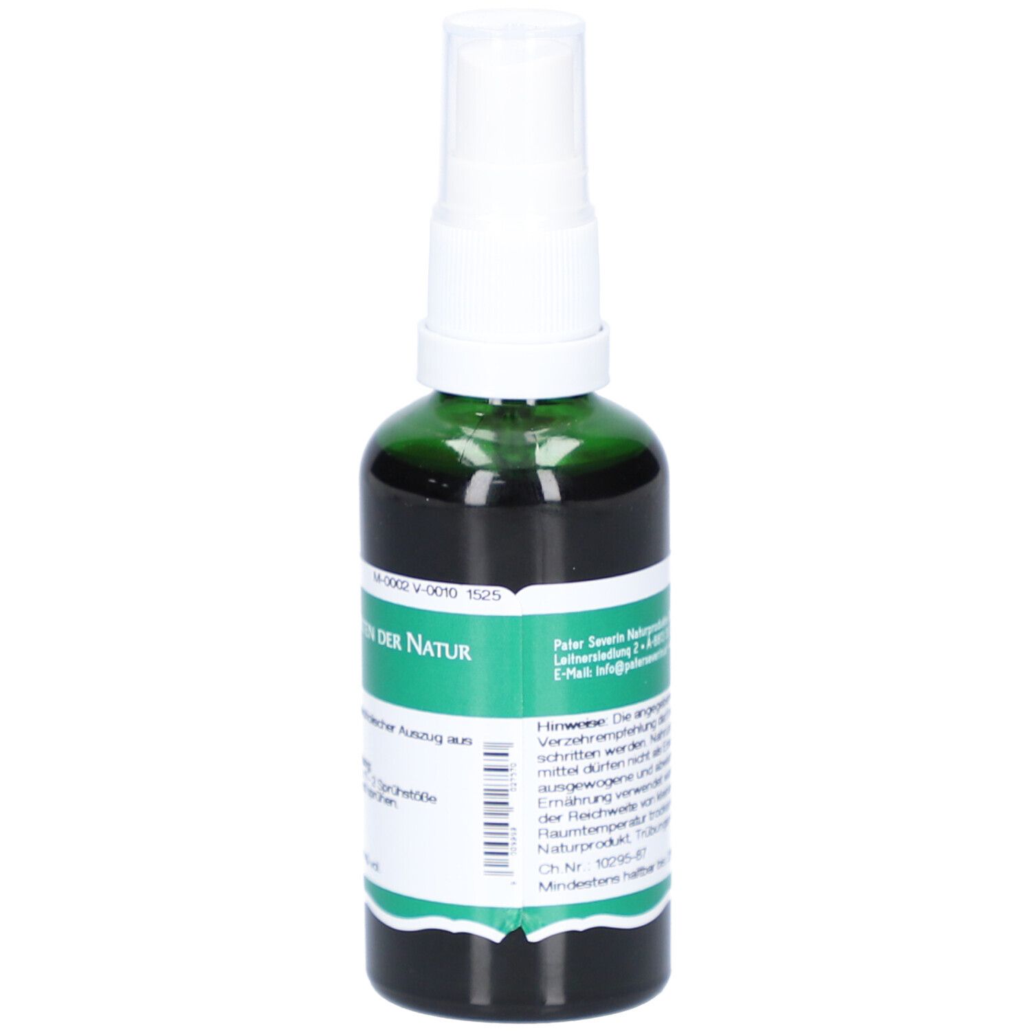 Grüne Glasflasche mit weißem Sprühkopf. Etikett mit Text und Logo. Herstellerinformationen. Produktname nicht lesbar.