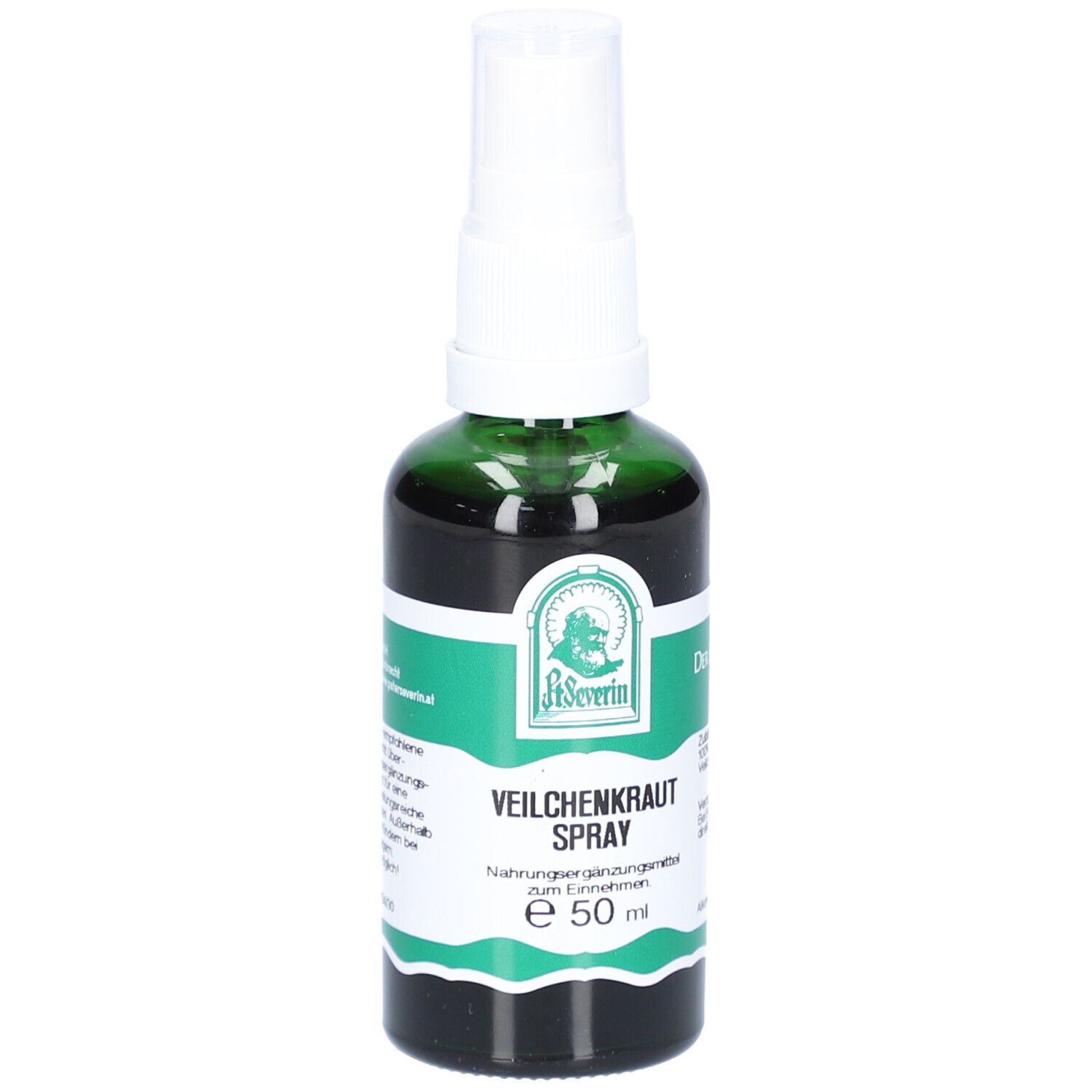 Grüne Glasflasche mit weißem Sprühkopf. Etikett mit Text: VEILCHENKRAUT SPRAY, Logo. Nahrungsergänzungsmittel. E 50 ml.