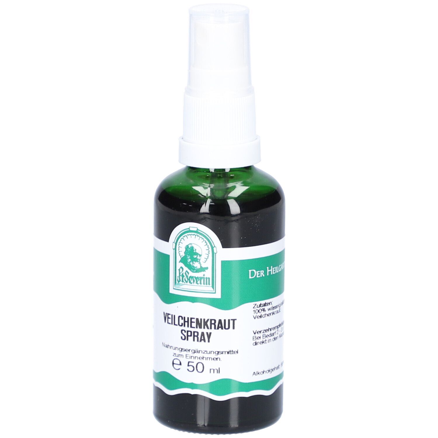 Grüne Glasflasche mit weißem Sprühkopf. Etikett mit Text und Logo. Zusatzinformationen. E 50 ml. Zutaten: Veilchenextrakt.