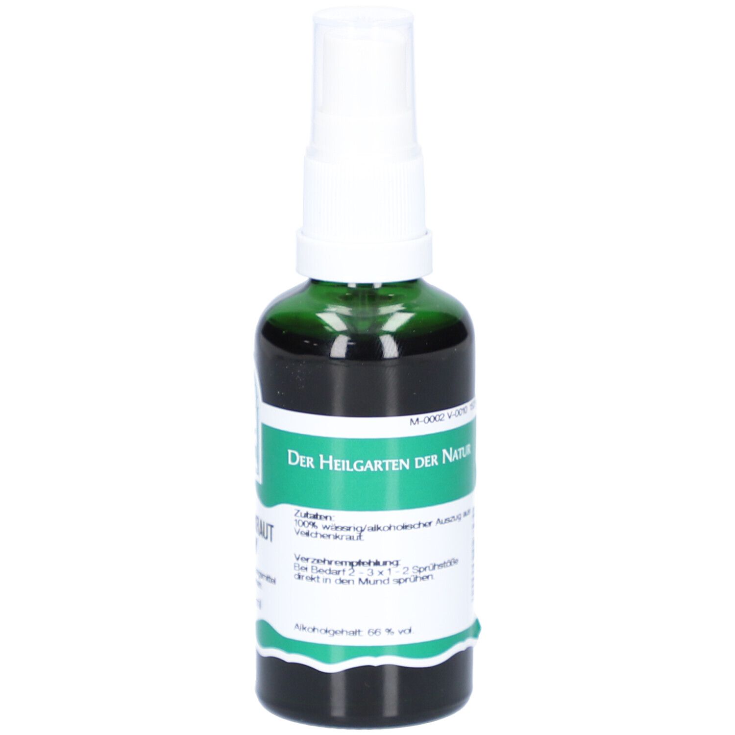 Grüne Glasflasche mit weißem Sprühkopf. Etikett mit Text und Logo. Zusatzinformationen. 56 % vol. Alkohol.
