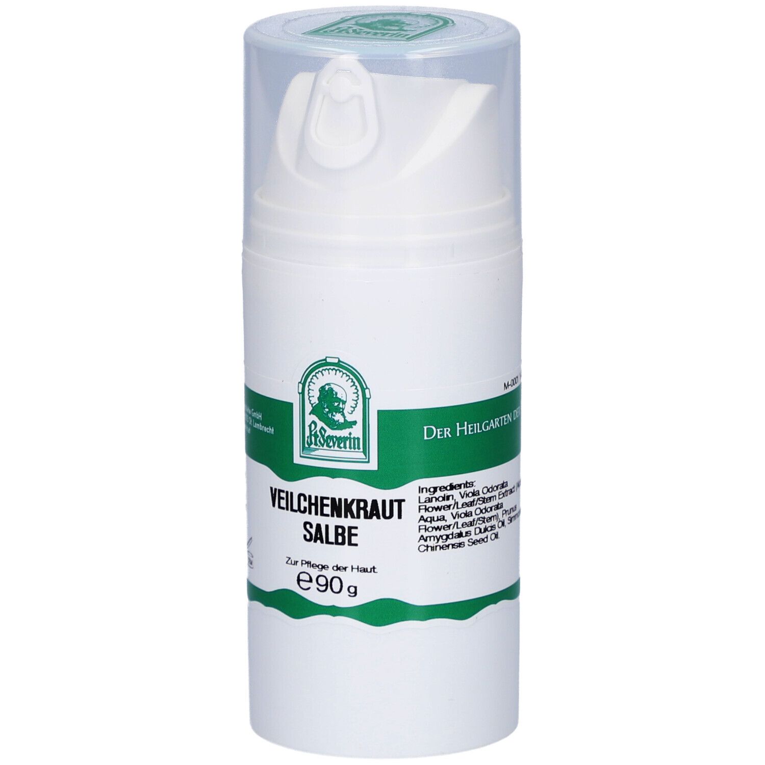 Weiße Salbentube mit grünem Etikett. Aufschrift: Veilchenkraut Salbe, e90g. Herstellerlogo.