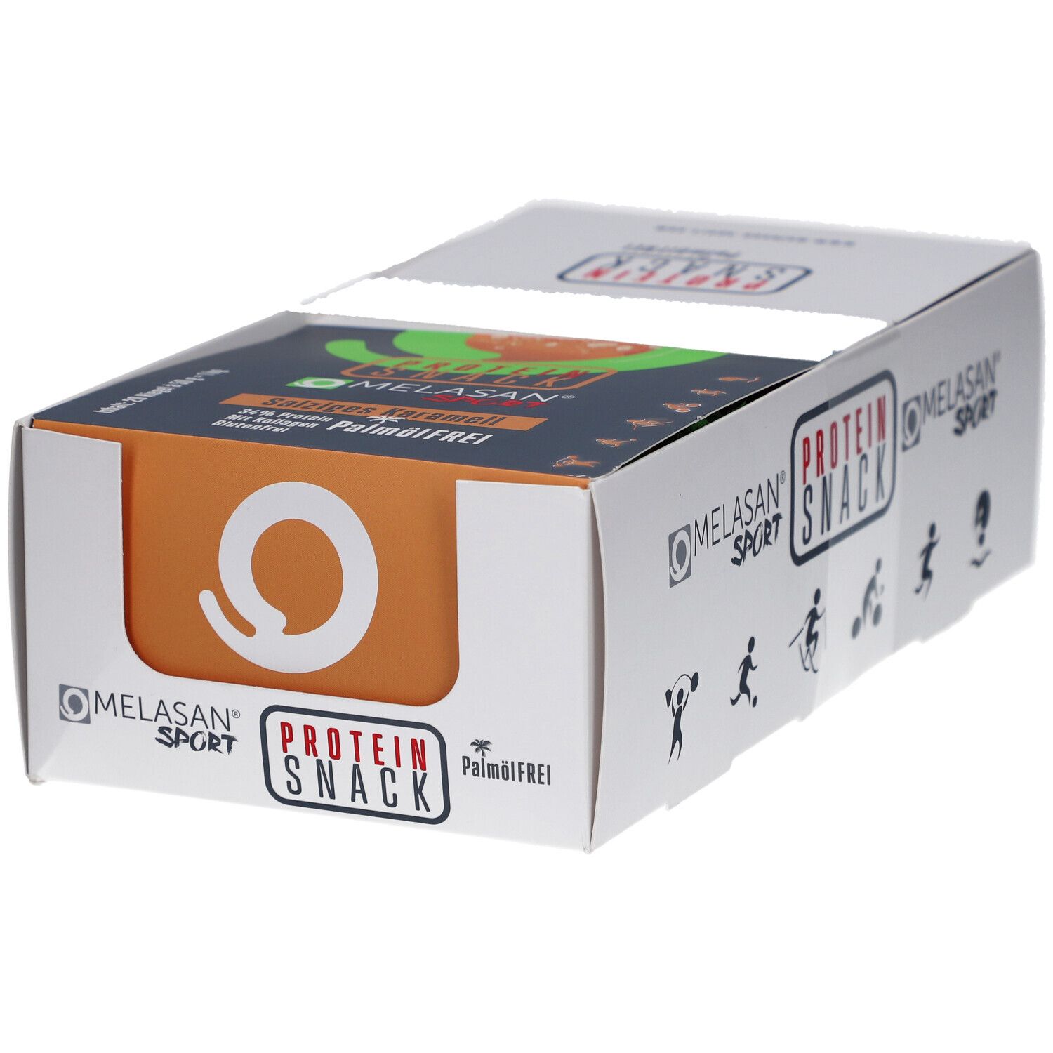 Weiße Kartonverpackung mit "MELASAN SPORT PROTEIN SNACK". Orangefarbene Vorderseite mit weißem "O".
