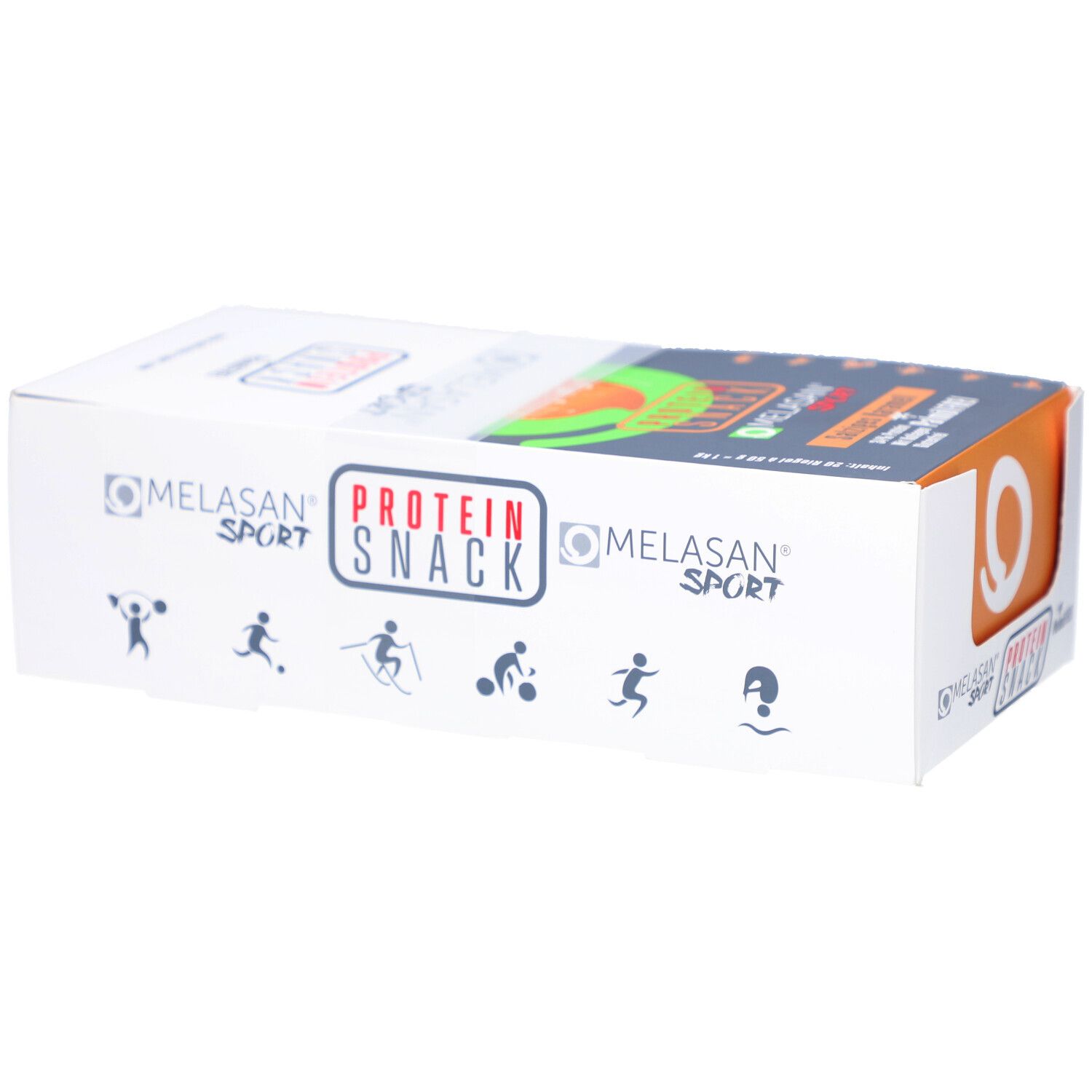 Weiße Kartonverpackung mit "MELASAN SPORT PROTEIN SNACK". Sport-Piktogramme auf der Seite.