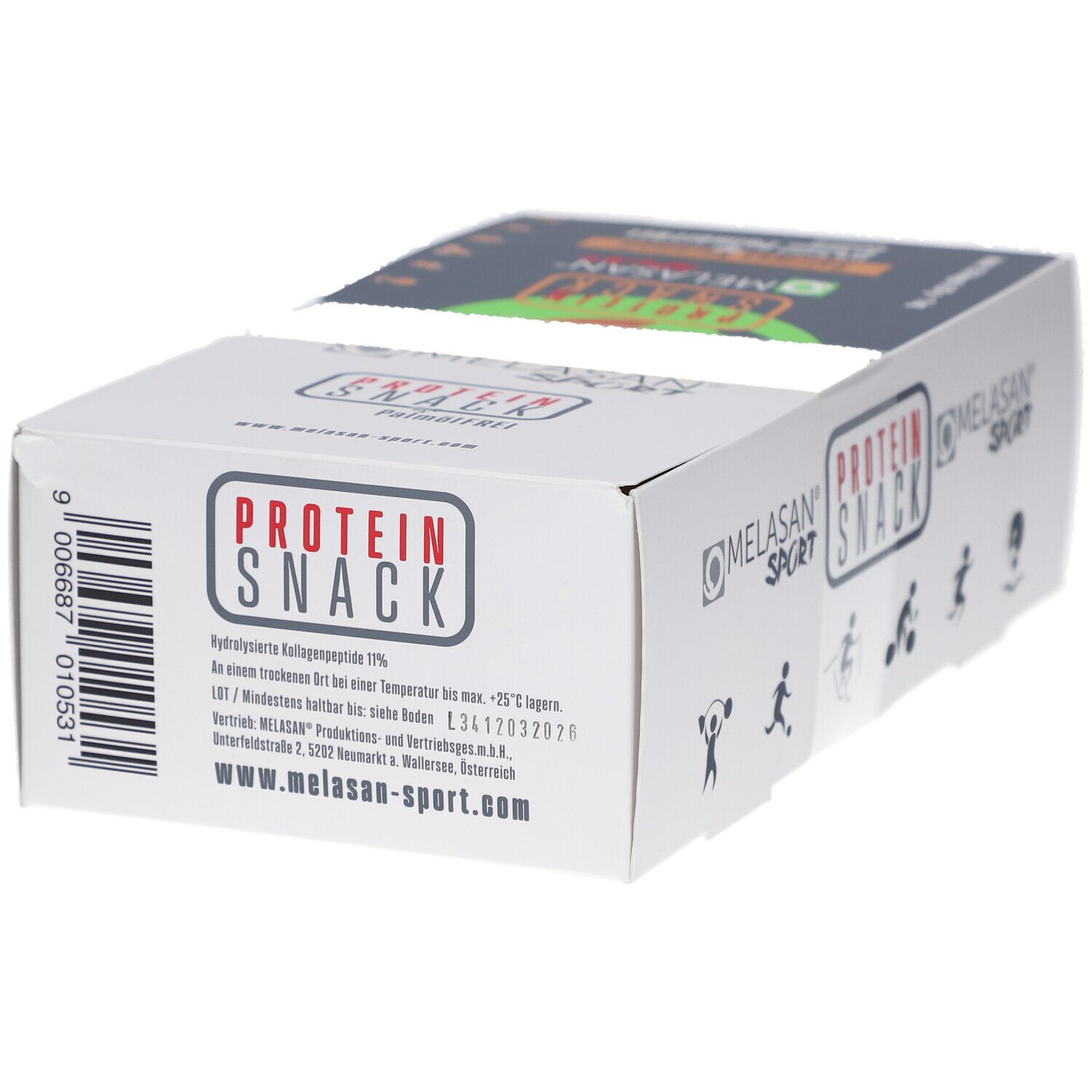 Kartonverpackung mit "PROTEIN SNACK". Rückseite mit Text und Barcode. "MELASAN SPORT" Logo.