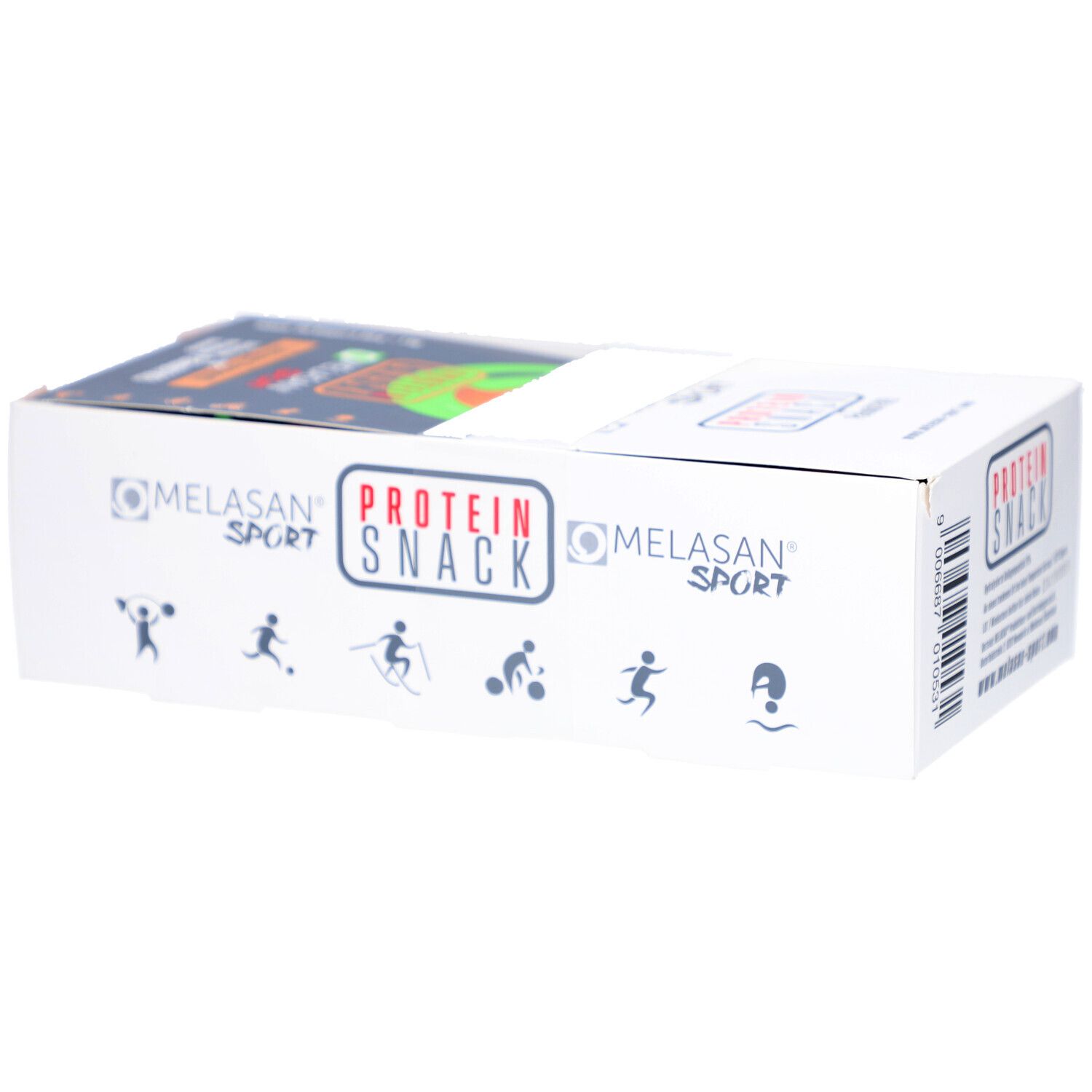 Weiße Kartonverpackung mit "PROTEIN SNACK" und "MELASAN SPORT". Sport-Piktogramme auf der Seite.