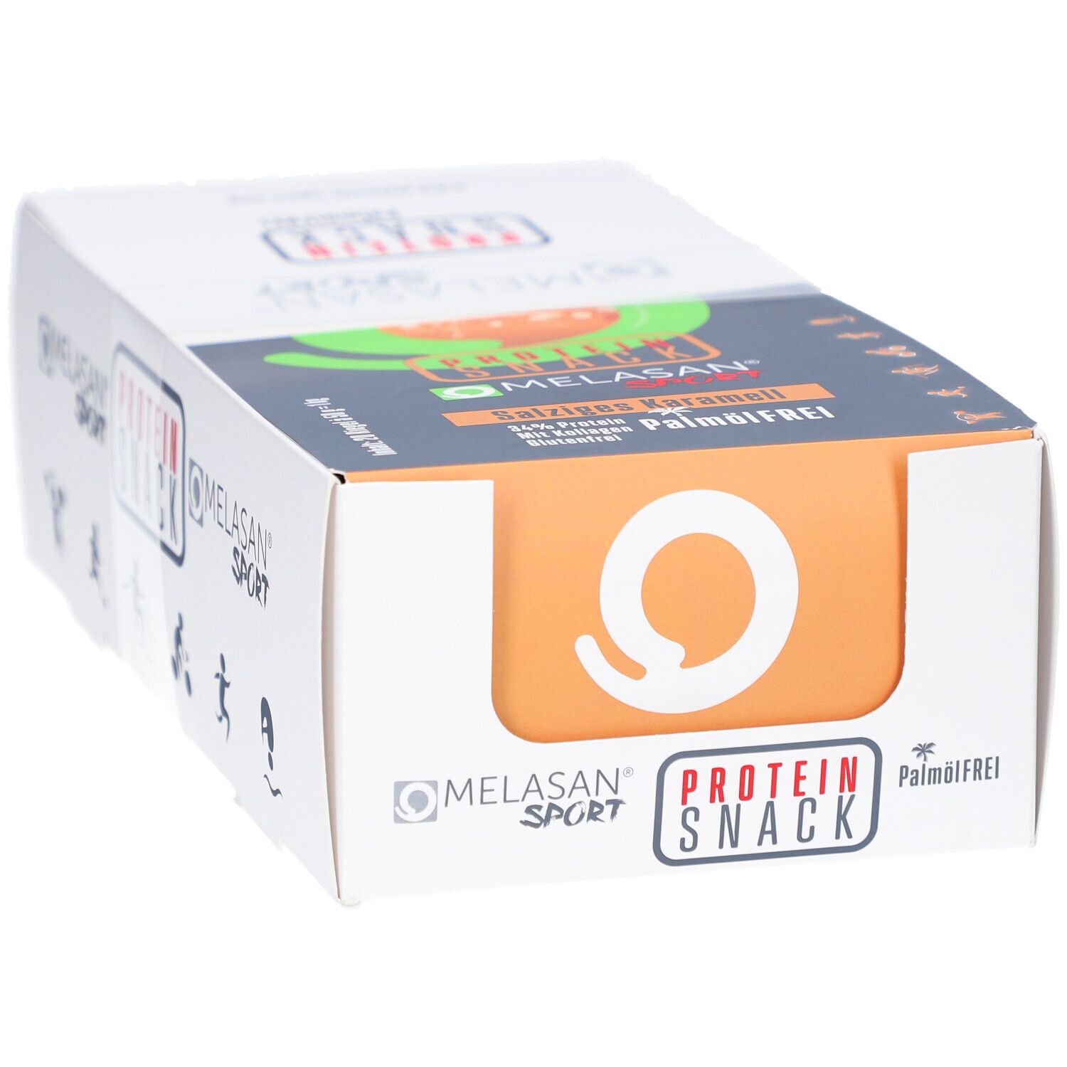 Kartonverpackung mit "PROTEIN SNACK". Orangefarbene Vorderseite mit "O". Text: "Salziges Karamell".