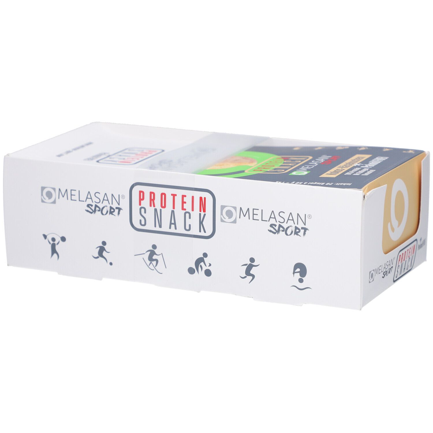 Kartonverpackung mit "MELASAN SPORT PROTEIN SNACK"-Logo. Sport-Piktogramme auf weißem Grund. Sichtfenster mit Produkt. Aufdrucke.