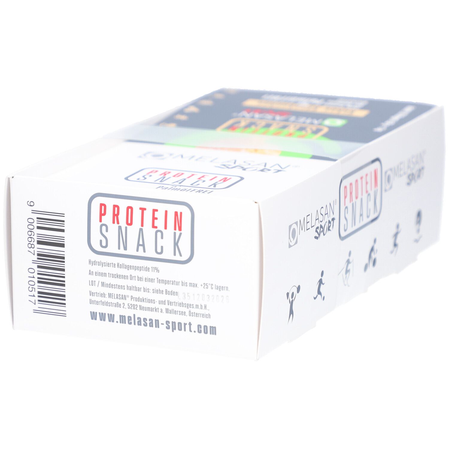 Kartonverpackung mit "PROTEIN SNACK"-Logo und Text. Rückseite mit Produktinformationen und Website-Adresse. Weißer Hintergrund.