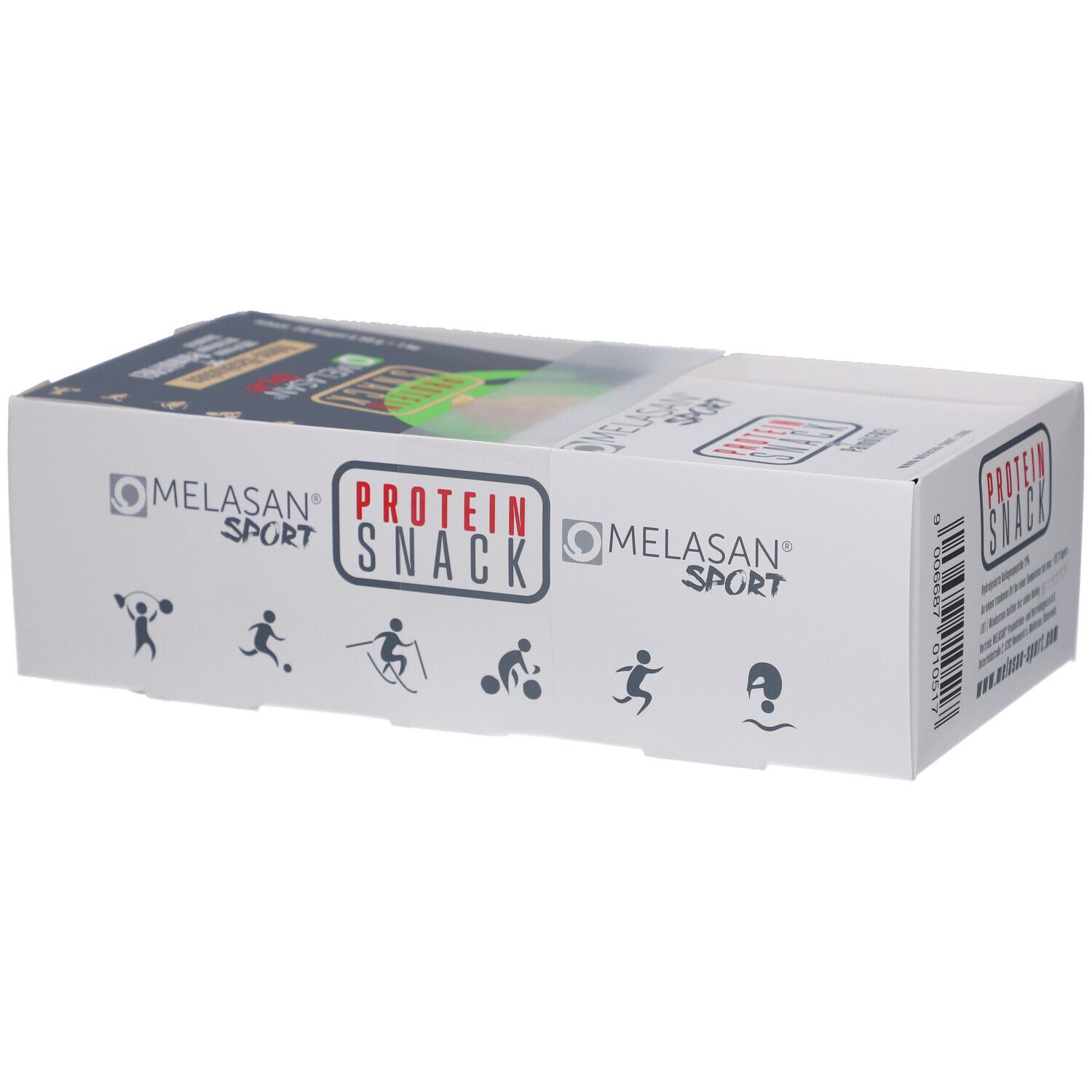 Kartonverpackung mit "MELASAN SPORT PROTEIN SNACK"-Logo. Sichtfenster mit Produkt. Sport-Piktogramme. Weißer Hintergrund.