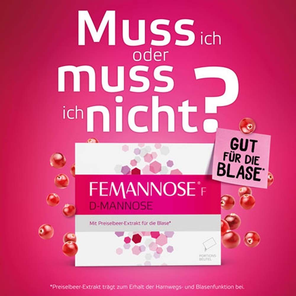 FEMANNOSE® F Packung mit Cranberrys und Fragezeichen. Aufkleber: Gut für die Blase.