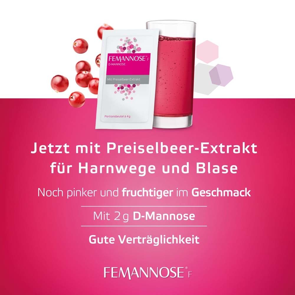 FEMANNOSE® F Packung und Glas mit rosa Flüssigkeit. Text: Mit Preiselbeer-Extrakt für Harnwege und Blase.